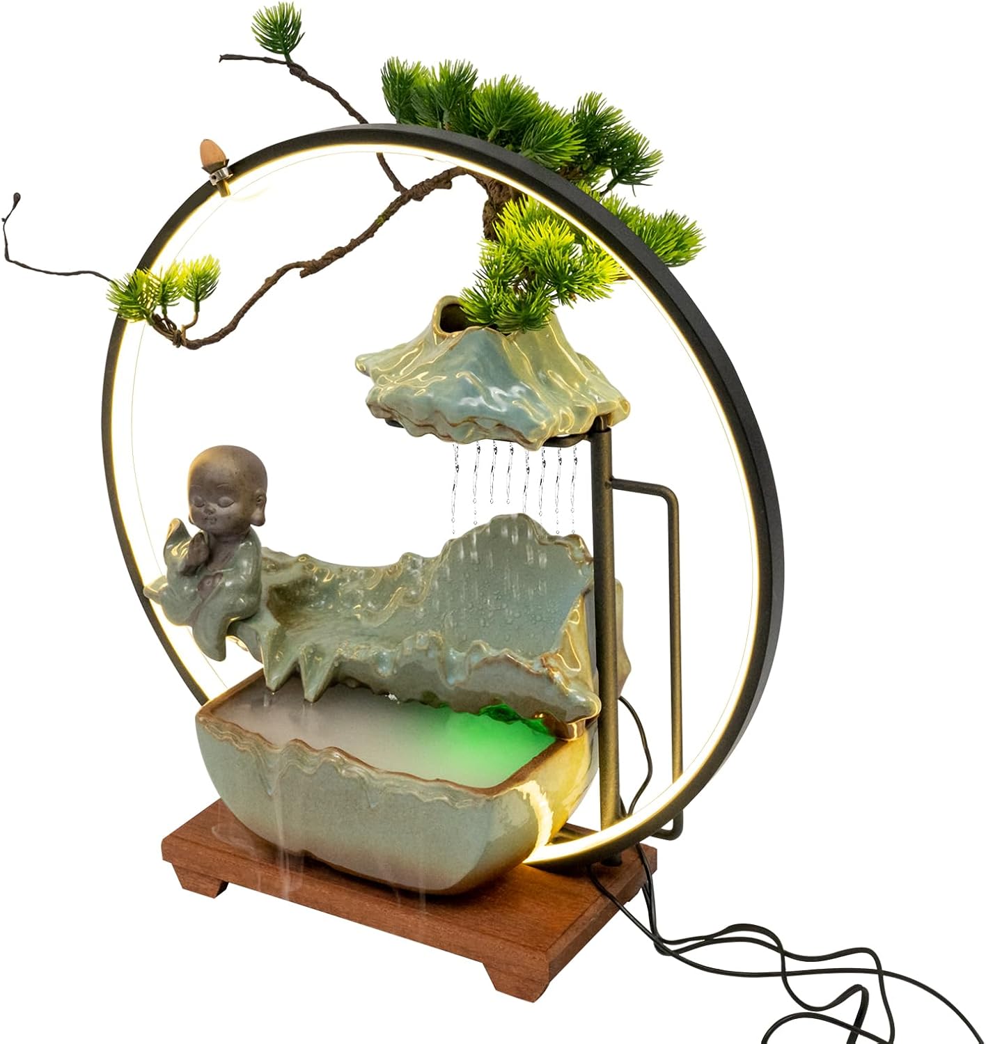 Bacacoo Desktop Water Fountain with LED Light and Buddha Statue