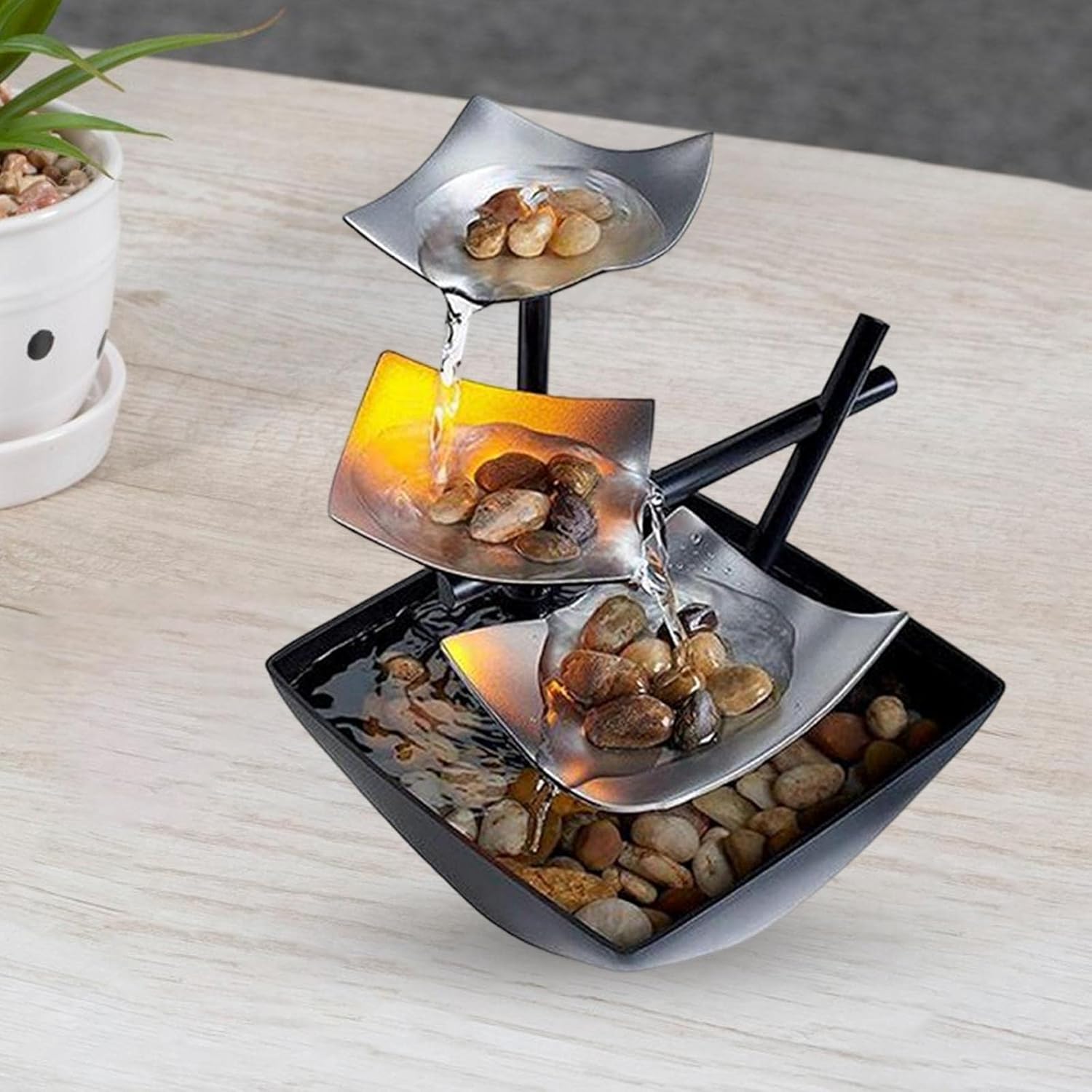 Generic Small Relaxation Tabletop Fountain USB Illuminated with Light Black Silver