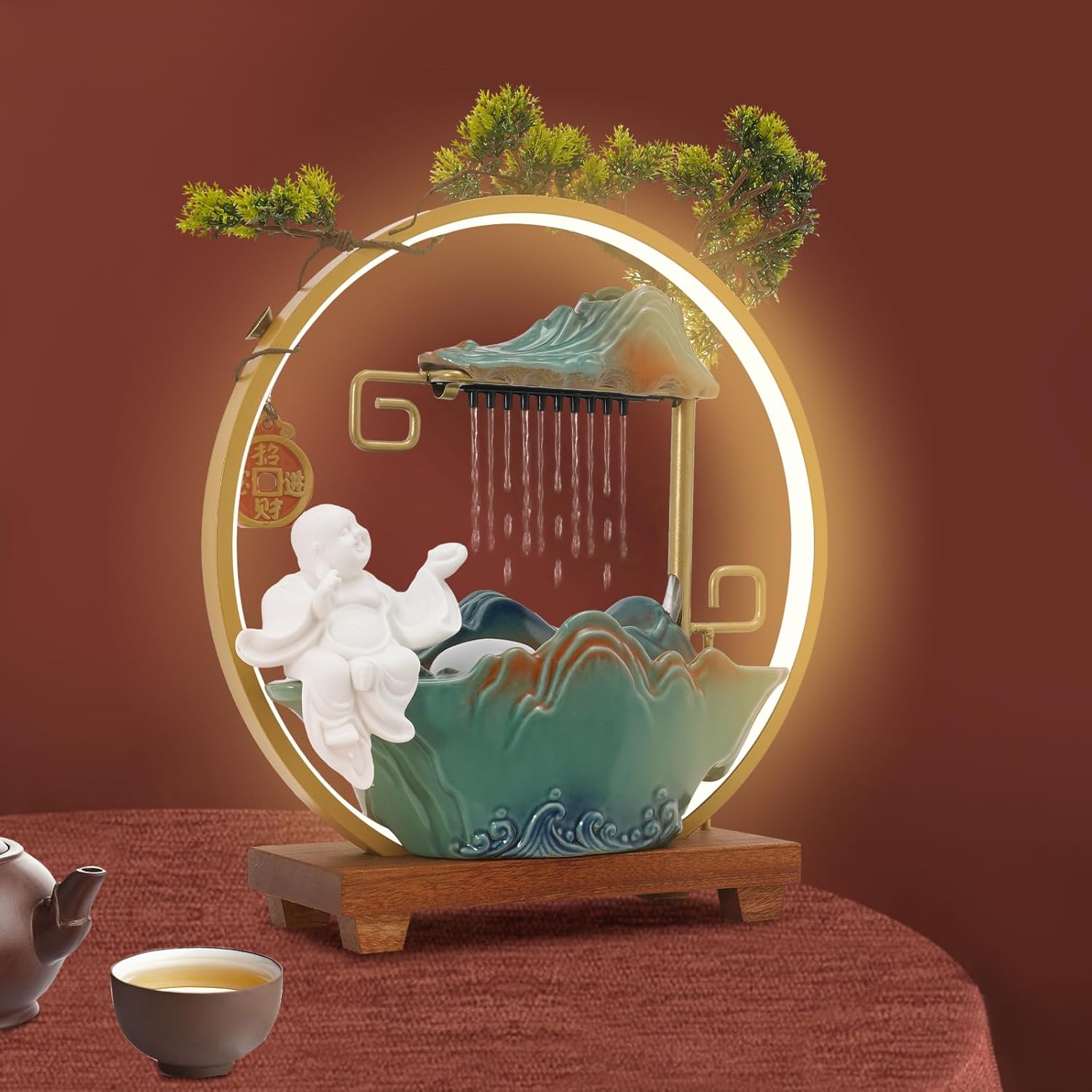 Chinese Style Landscape Deer Tabletop Water Fountain with LED Light and Mist