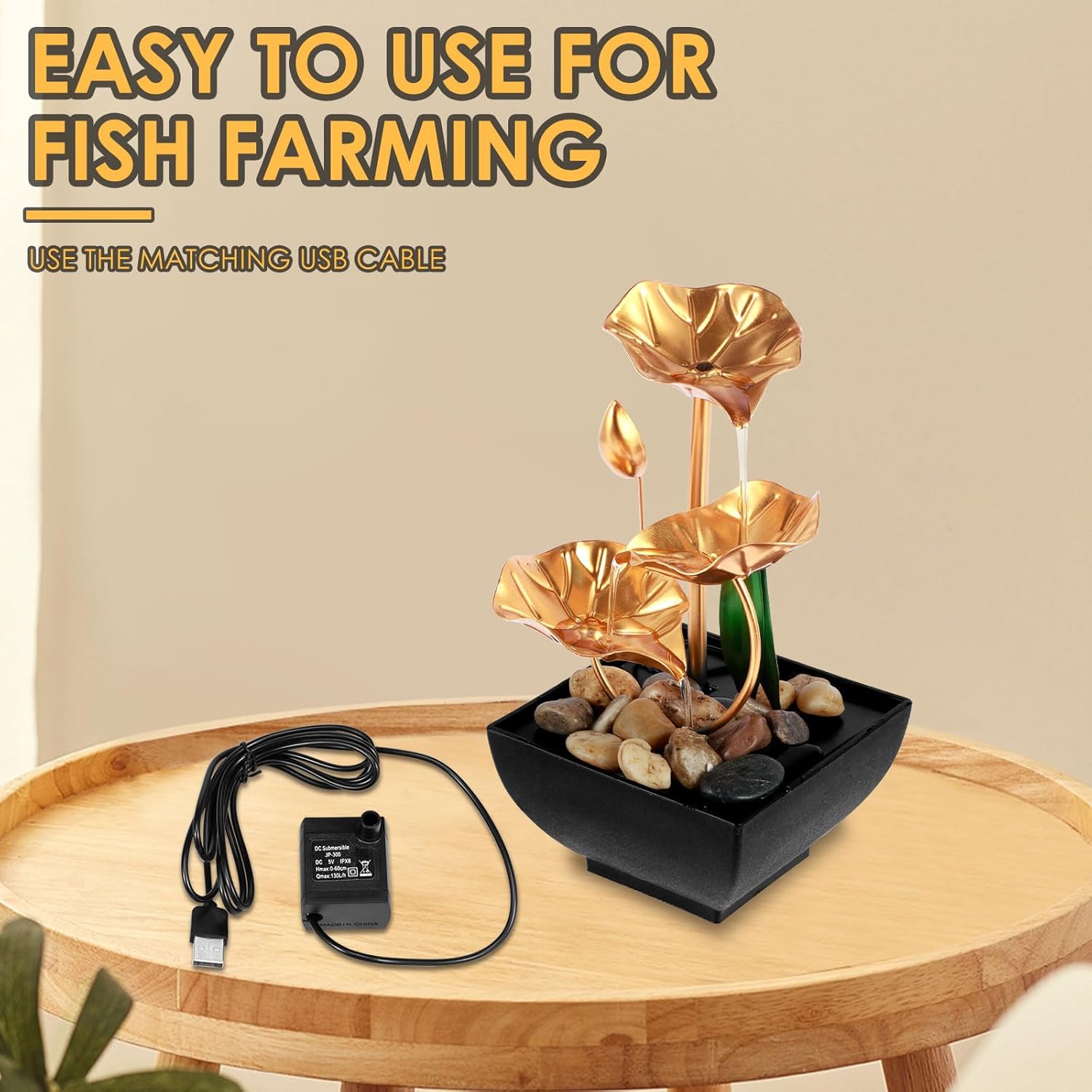 Golden 3-Leaf Lotus Tabletop Fountain USB Powered