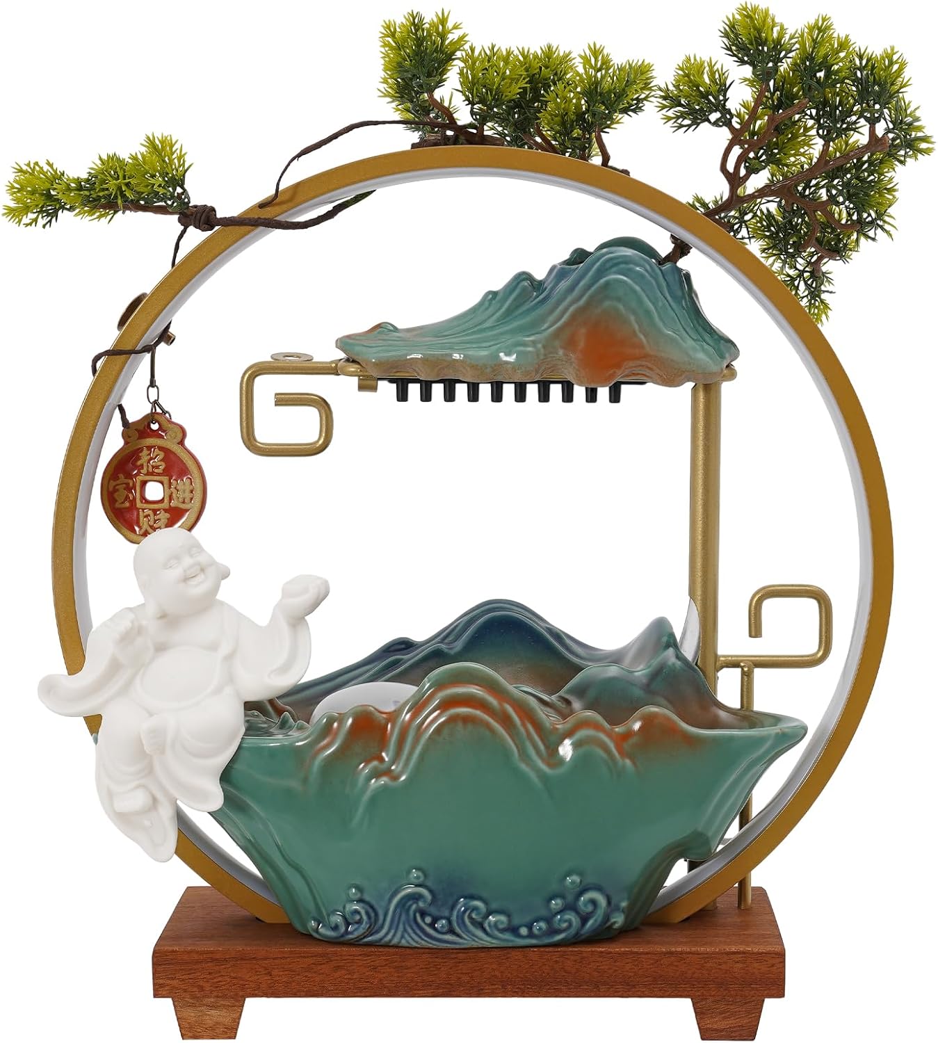 Chinese Style Landscape Deer Tabletop Water Fountain with LED Light and Mist