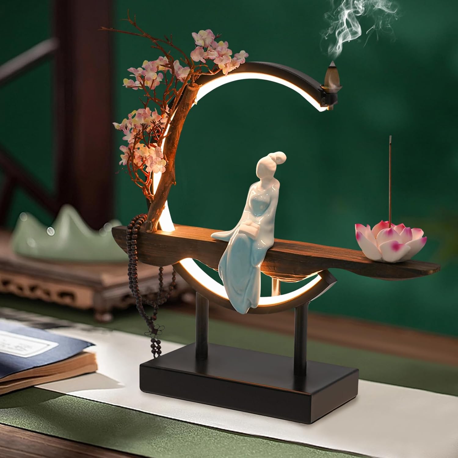 BenHookyle Tabletop Fountain with LED Light and Artificial Peach Blossoms