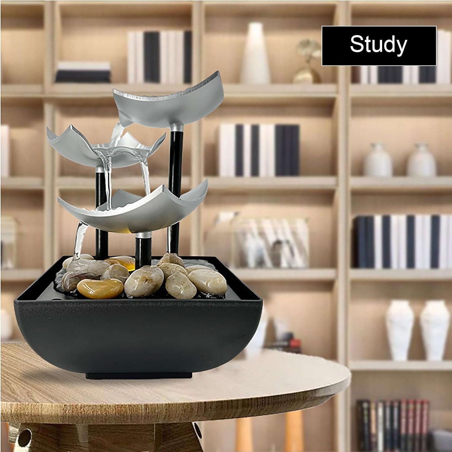 3-Layer Desktop Water Fountain with LED Lights and Pebbles - USB Powered Indoor Waterfall for Home Office Decor
