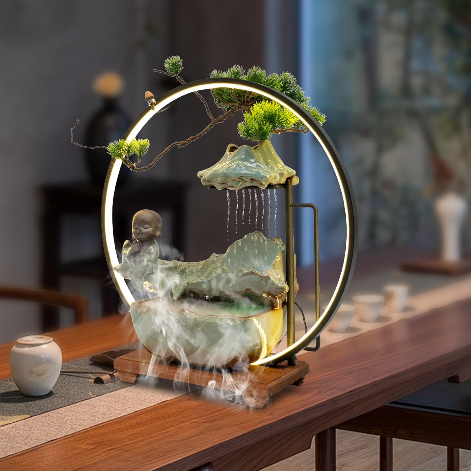 Modern Tabletop Waterfall Fountain with LED Light Mist