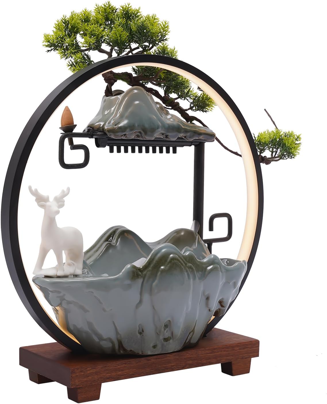 Tabletop Water Fountain with LED Light and Ceramic Deer