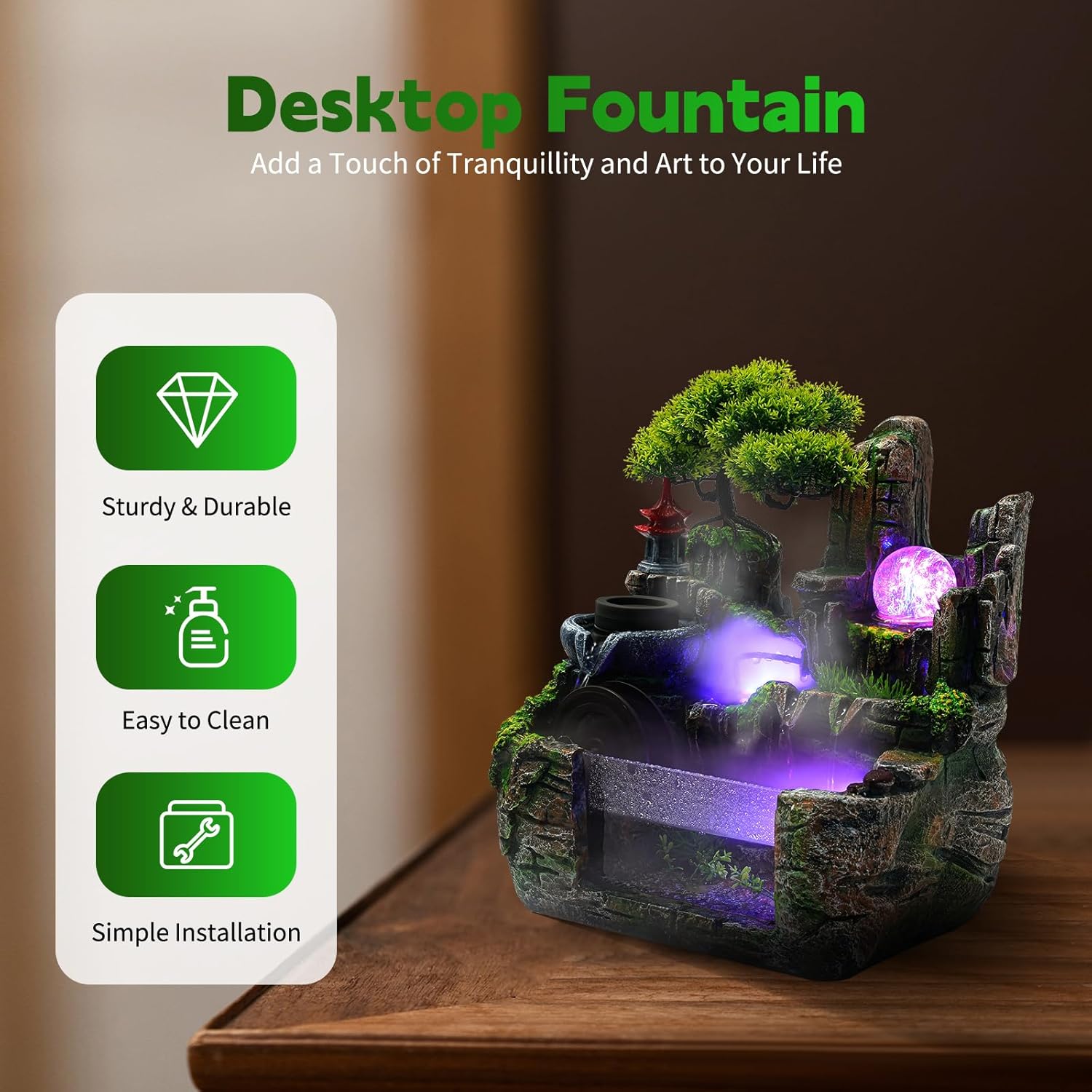 Kaichenyt Desktop Rockery Water Fountain with LED Light and Atomizer