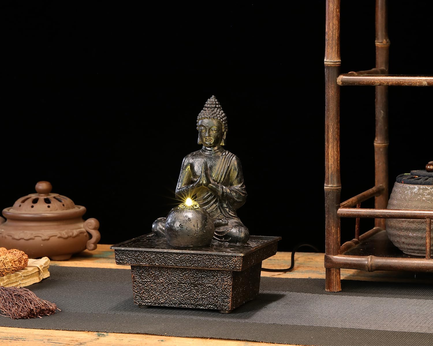 Seyee-bro Tabletop Water Fountain Buddha Statue Humidifier Decor