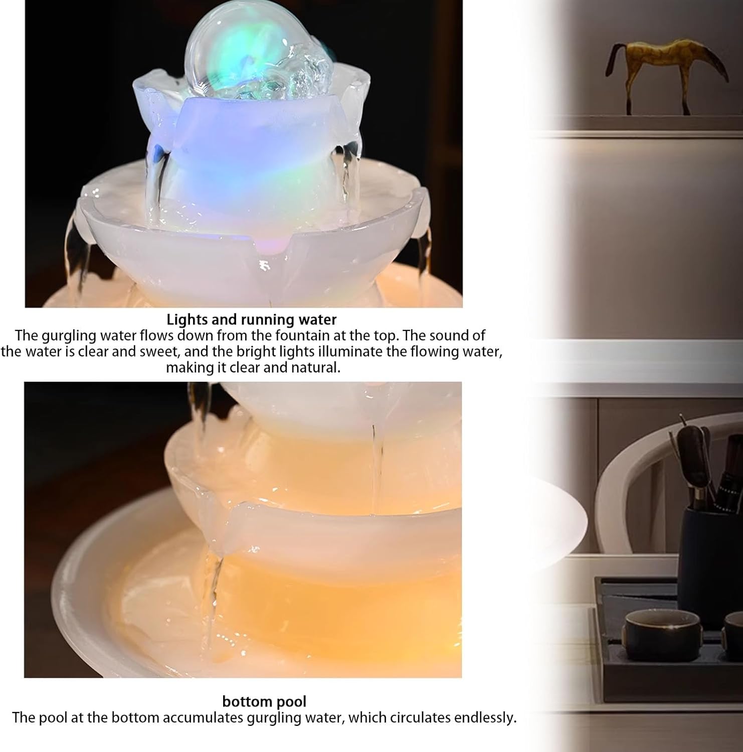 Imitation Jade Small Fountain Tabletop Water Fountain with Feng Shui Benefits and Bright Lights