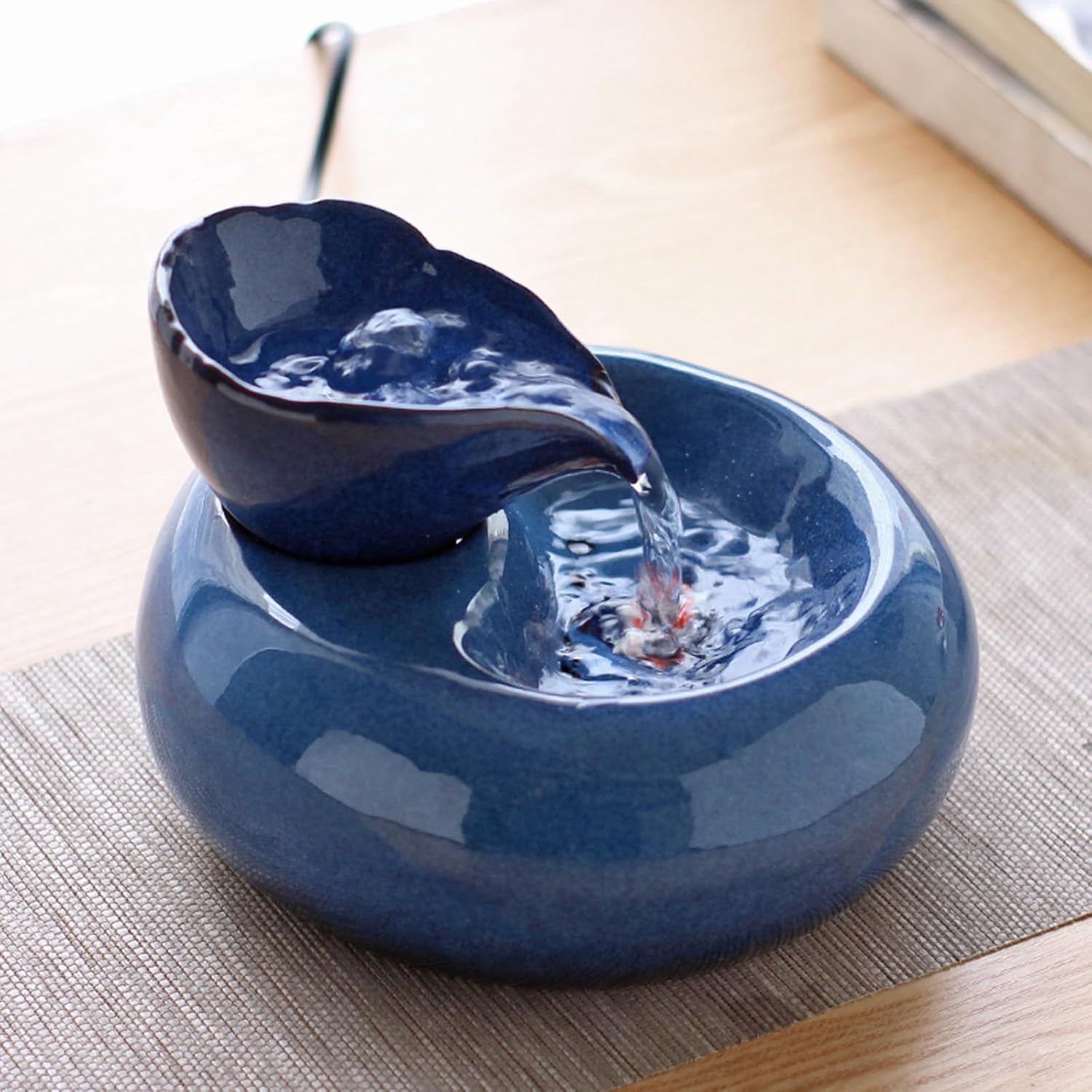 Blue Ceramic Mini Waterfall Fountain Pet Humidifier Desktop Ornament