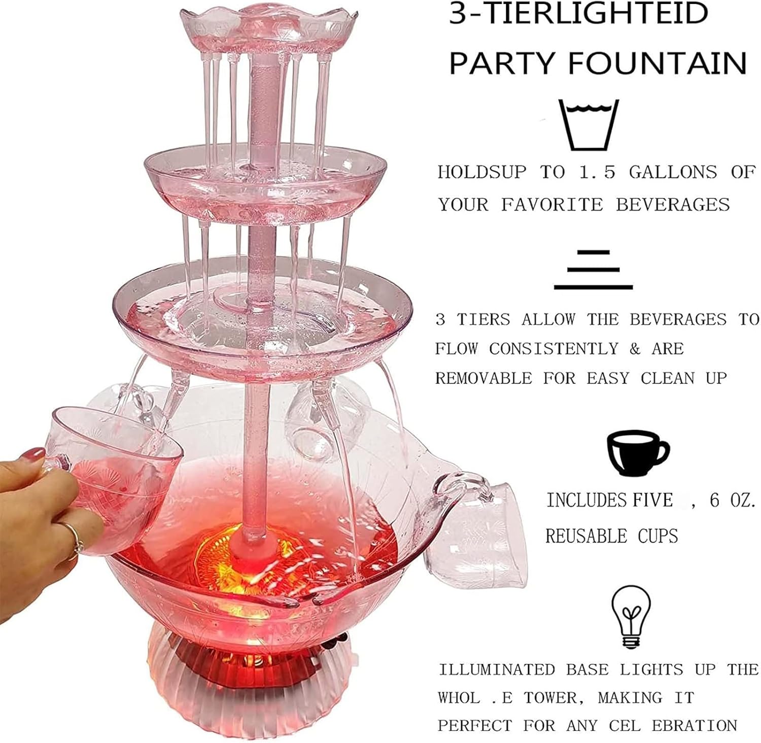 Red Wine Party Fountain with LED Light and 3 Tier Design
