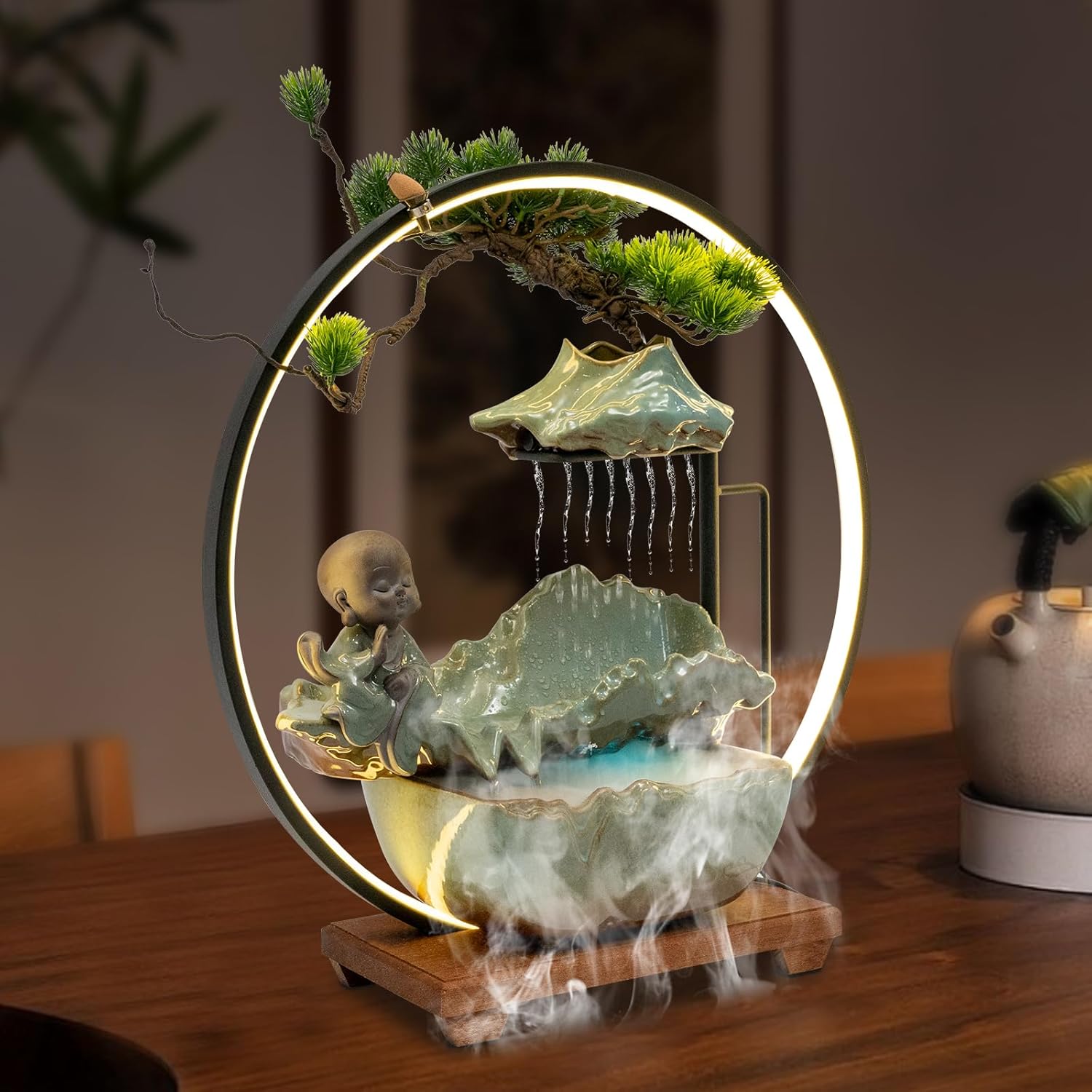 Modern Tabletop Waterfall Fountain with LED Light Mist