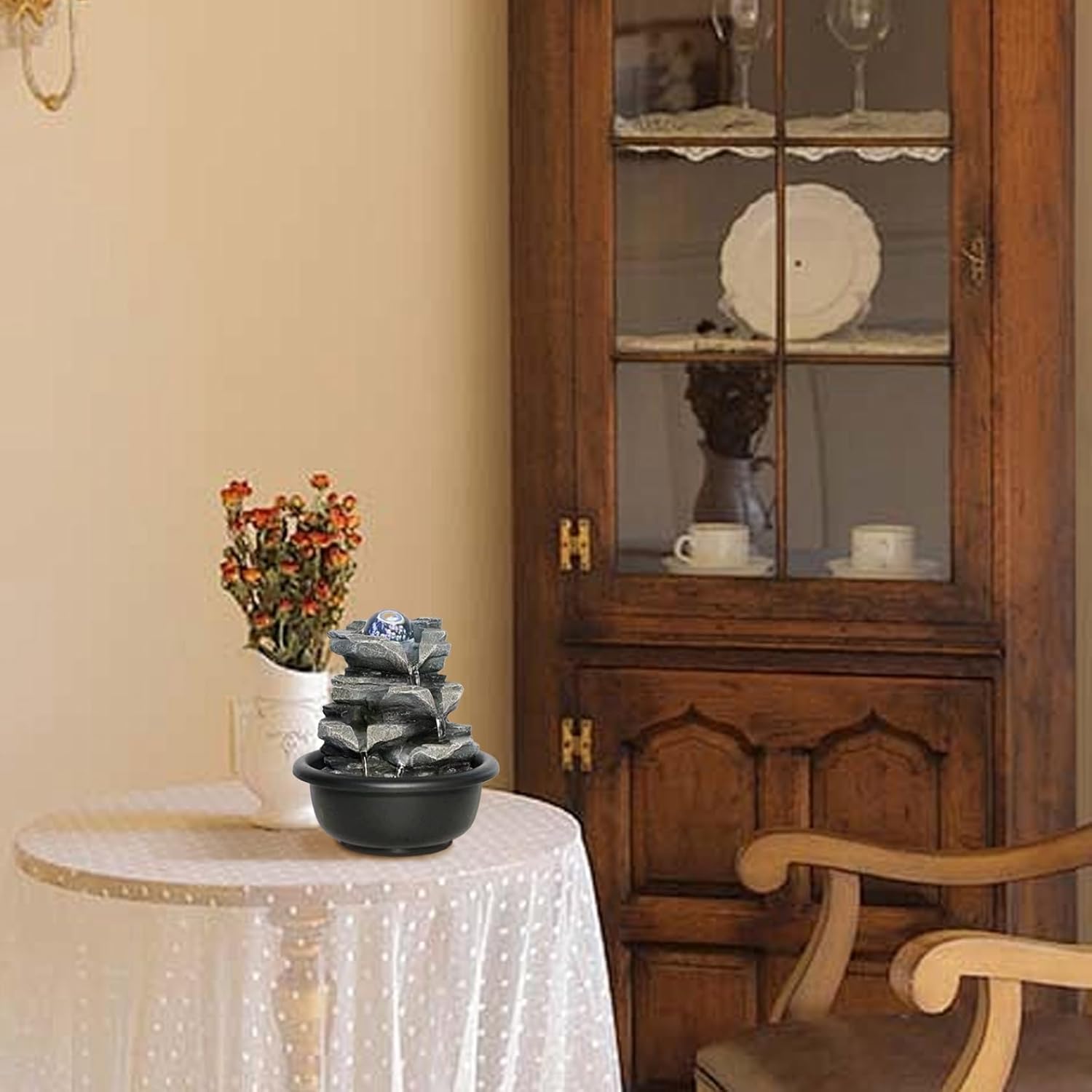 7x6x6 Indoor Fountain with Rotating Light USB Powered 4-Tier Tabletop Waterfall Decor