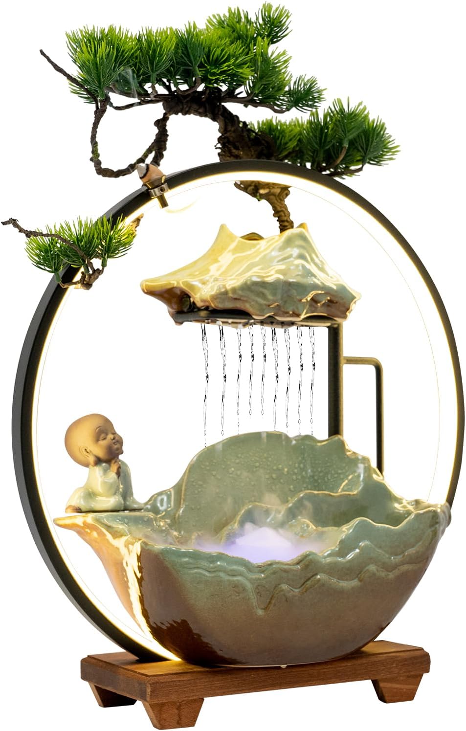 Tabletop Water Fountain with Monk Sculpture and LED Lights