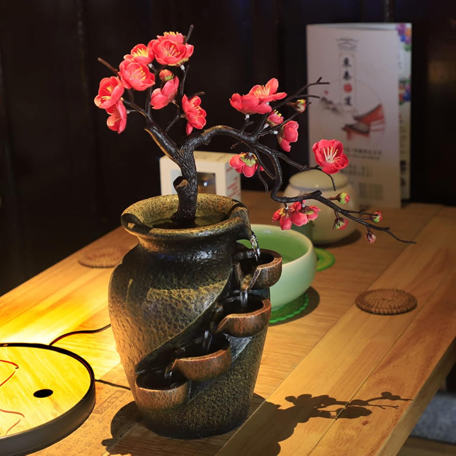 ZeStarDair Tabletop Water Fountain with 4 Layers and Simulated Plum Blossoms