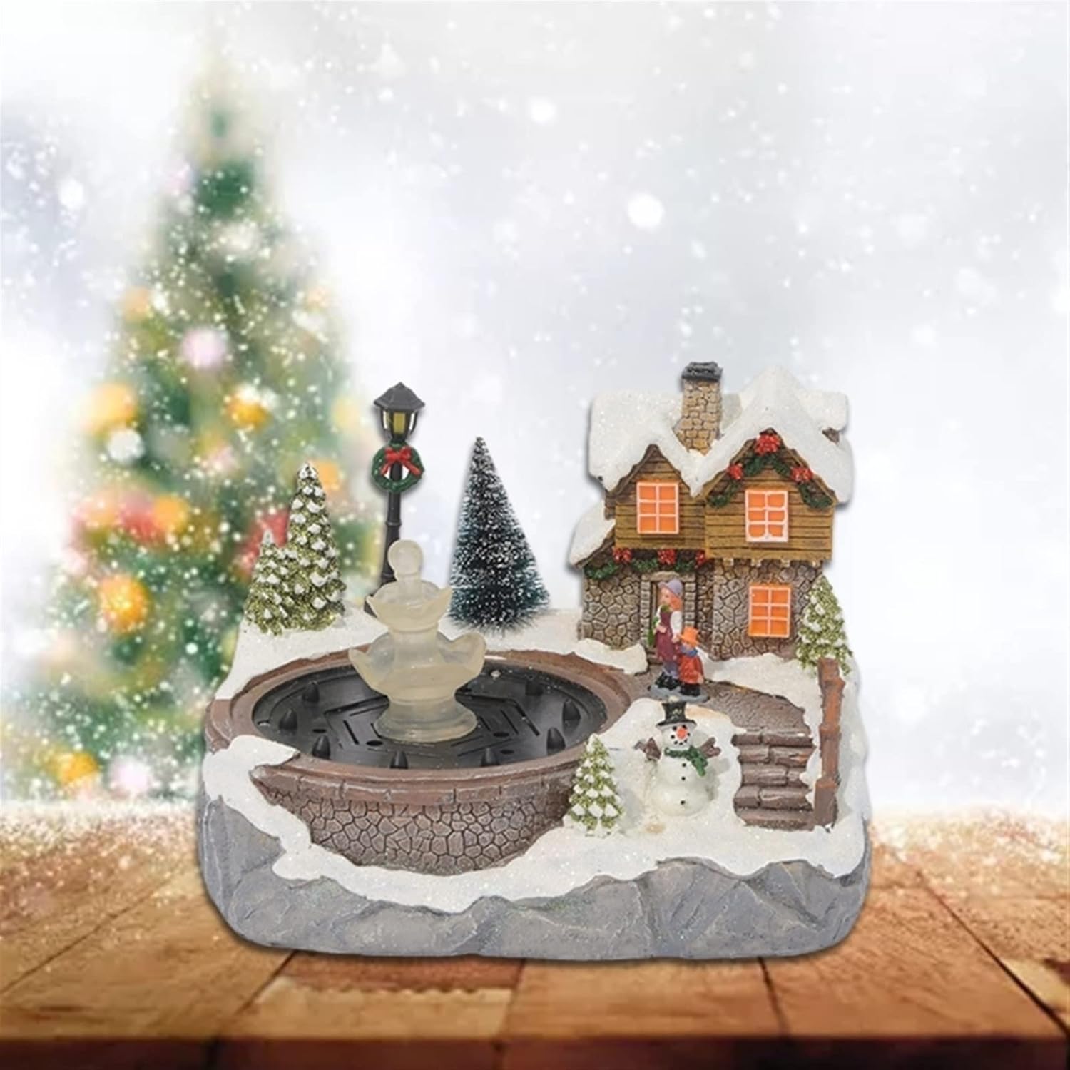 Tabletop Fountain with LED Light and Christmas Village Scene Decor