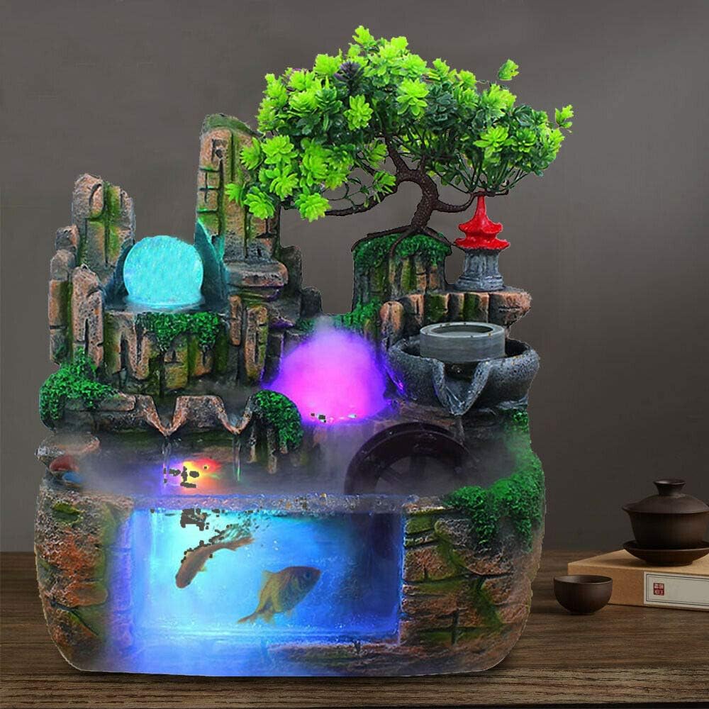 Tabletop Fountain Waterfall Decor Simulated Rockery Bonsai with Atomizing Humidifier