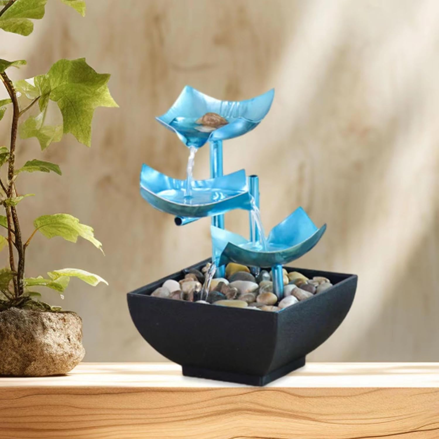 APLUSH Blue 3-Tier Tabletop Waterfall Fountain for Home Relaxation