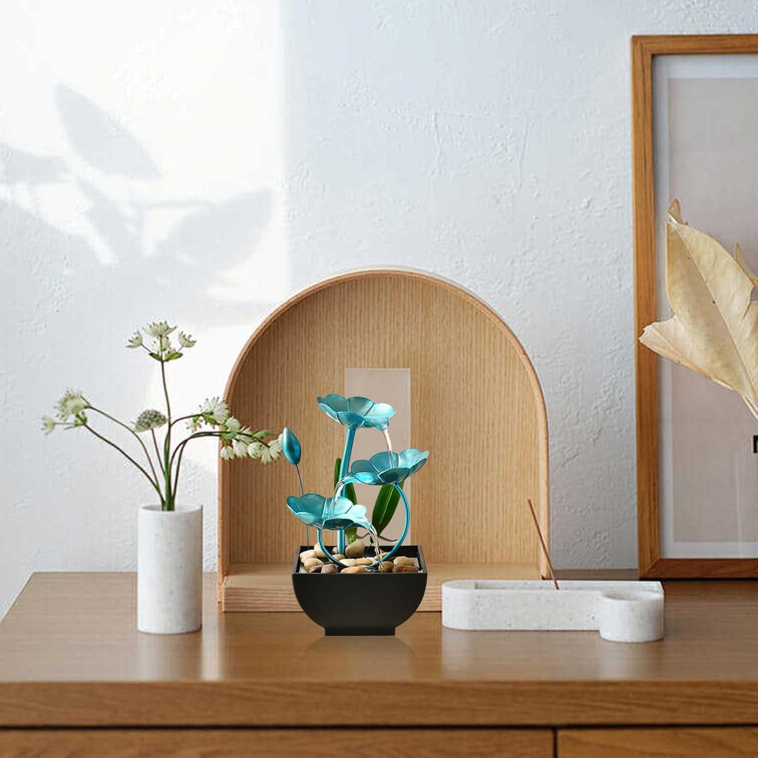 Hperu Tabletop Fountain 5x5x9in USB Powered Indoor Lotus Decor Waterfall Fountain for Office Bedroom Living Room