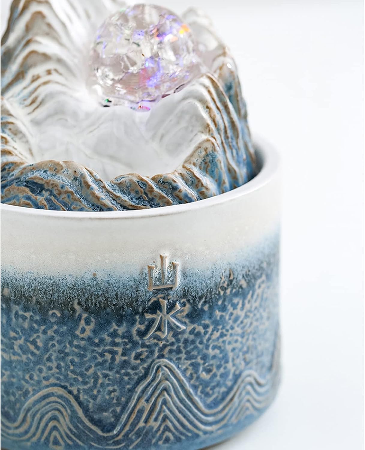 Blue Ceramic Tabletop Fountain with Rolling Ball Meditation