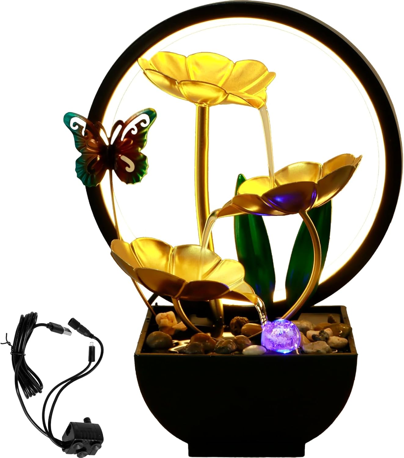 Butterfly Tabletop Water Fountain with USB Power and LED Light