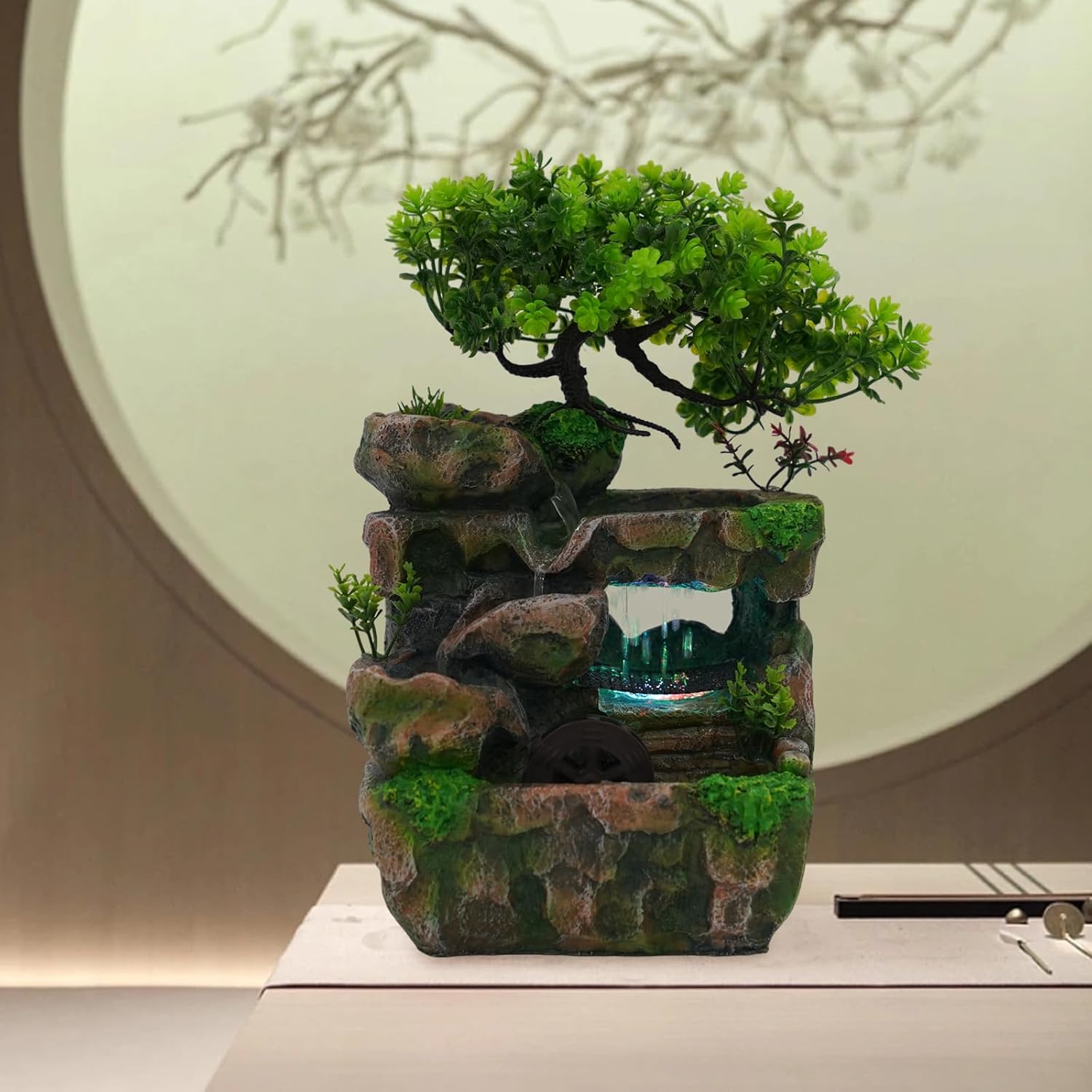 Indoor Tabletop Fountain with LED Light and Automatic Pump