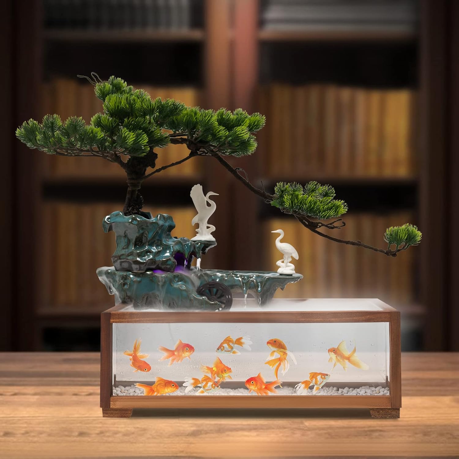 Headery Ceramic Relaxing Water Fountain with LED Light and Fish Tank