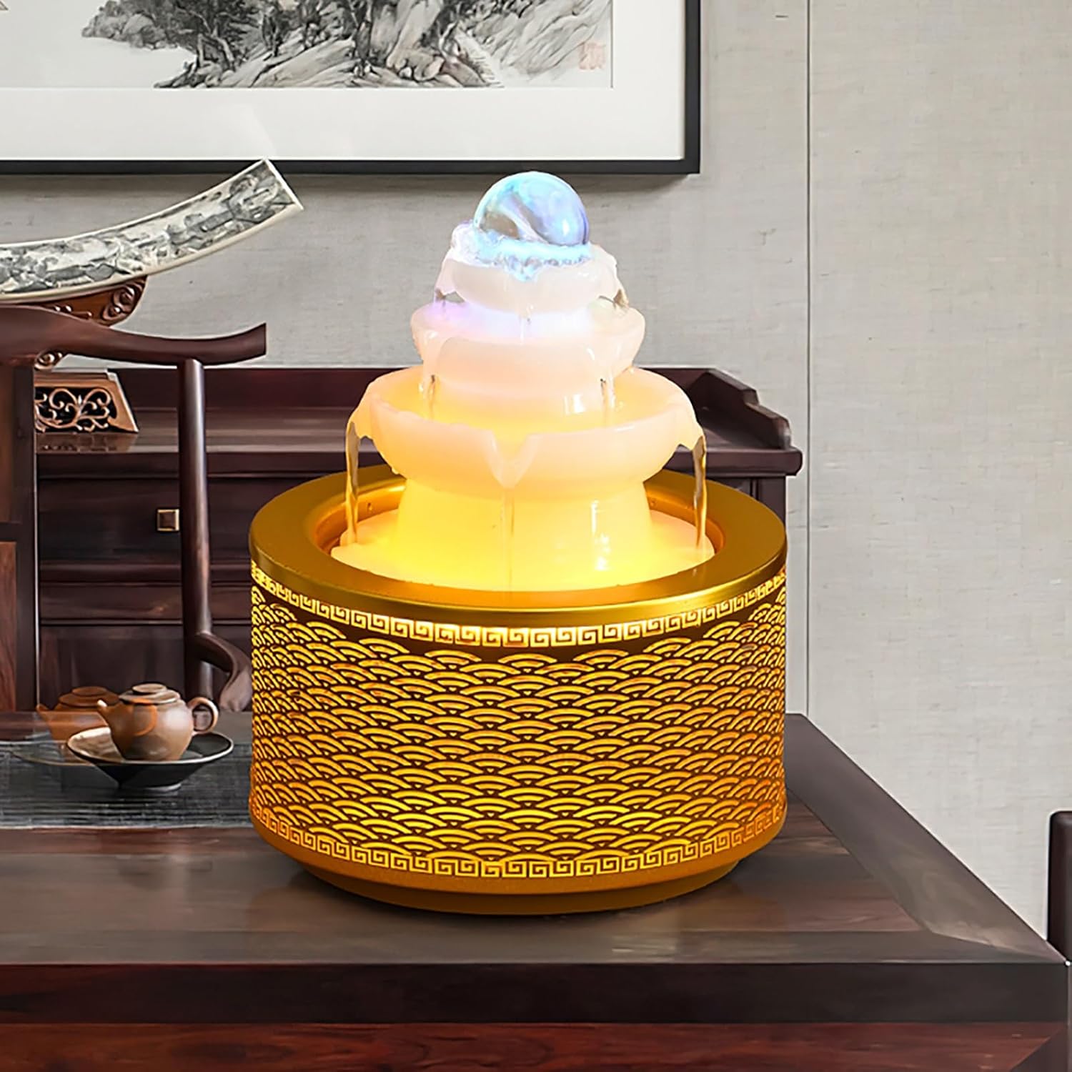 Elegant Desktop Metal Fountain with Crystal Ball