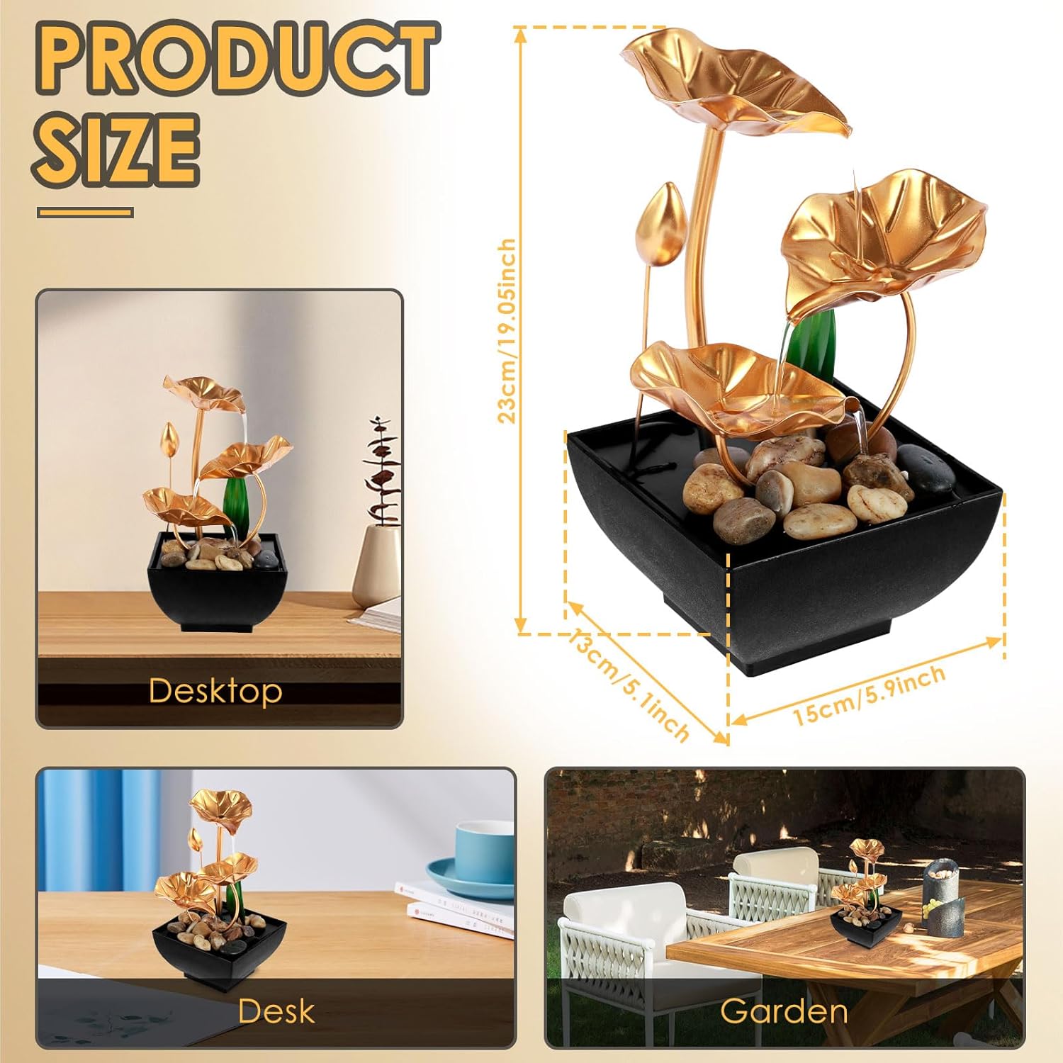 Golden 3-Leaf Lotus Tabletop Fountain USB Powered