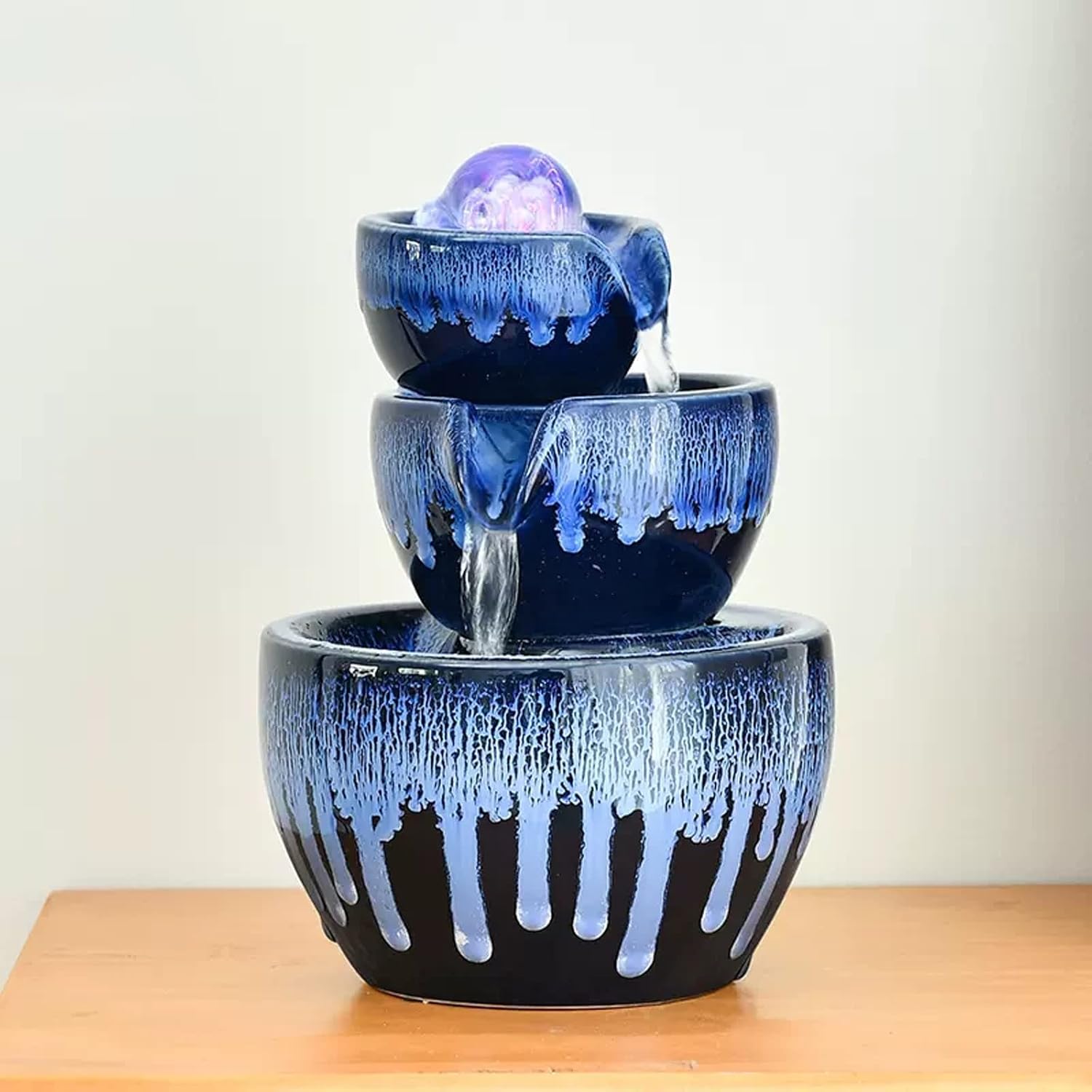 DINBOZ26X 3 Layer Ceramic Tabletop Water Fountain with Rolling Ball Blue