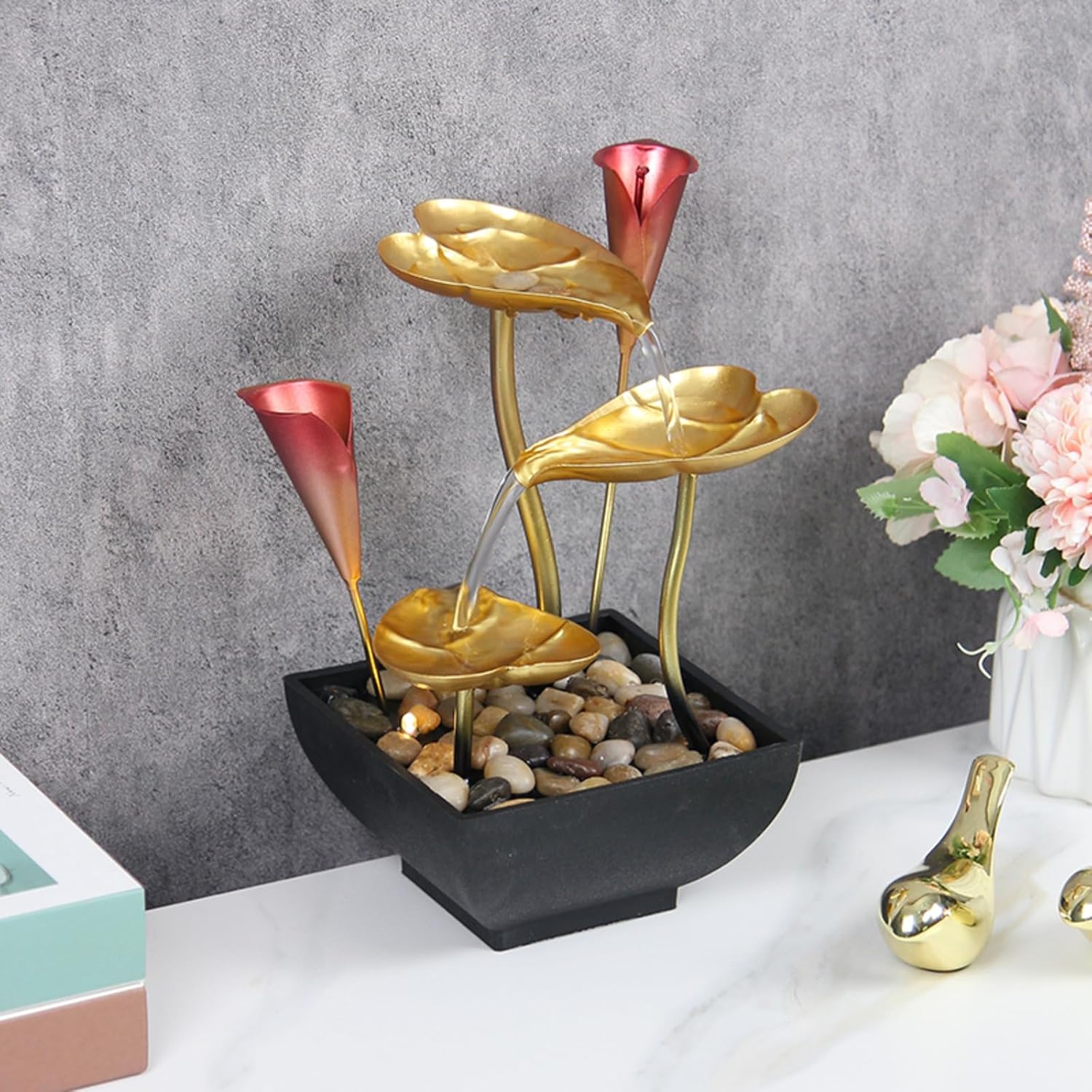 Lotus Leaf Water Fountain with LED Lights and Calla Lily Accents