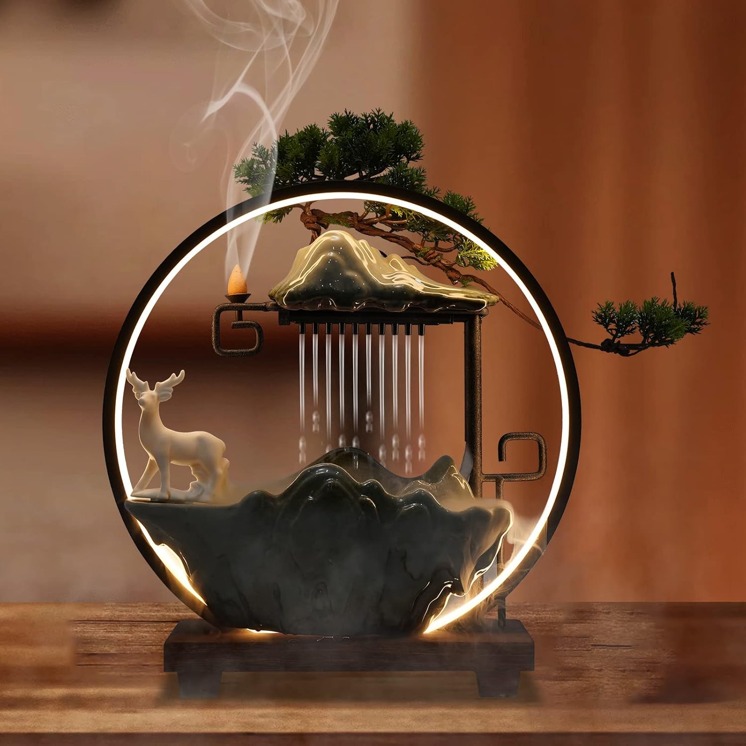 15In Water Fountain Indoor Tabletop Waterfall Humidifier with LED Light and Atomizer