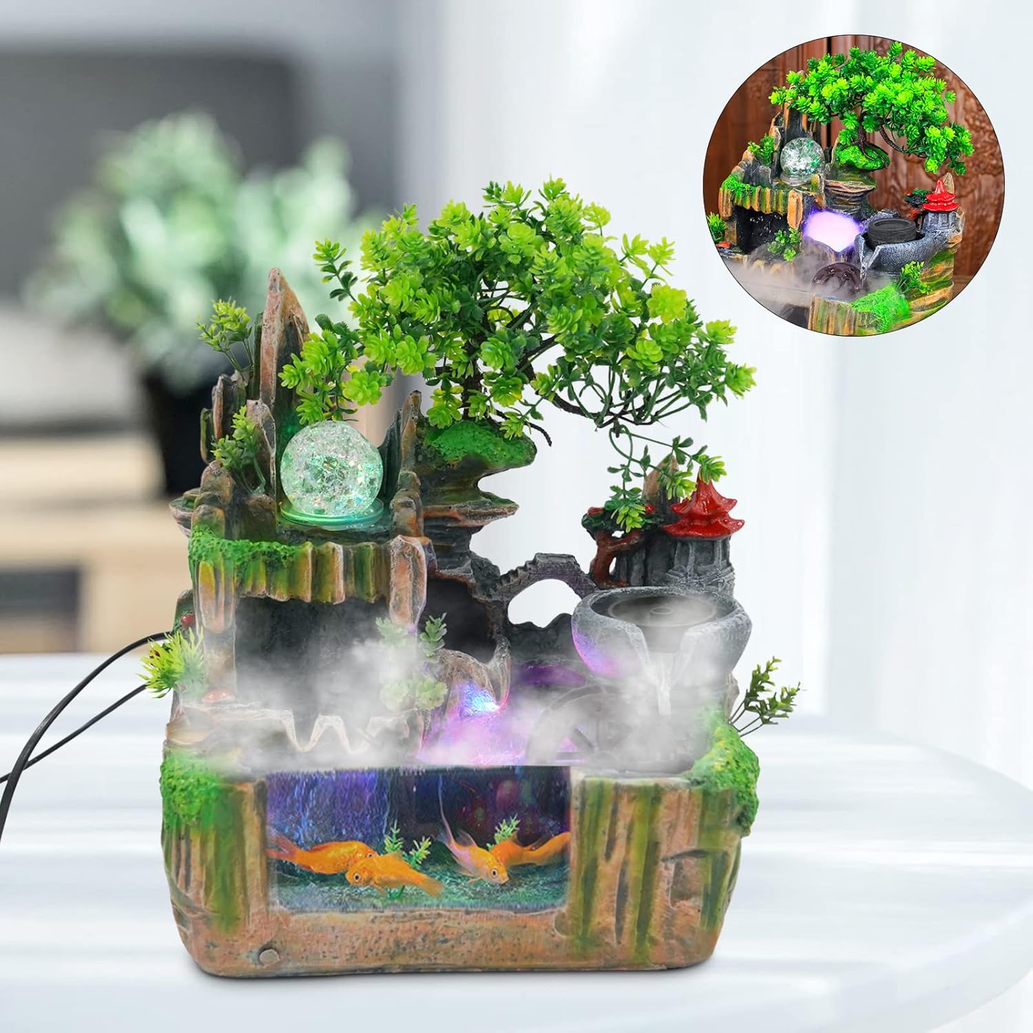 BANLICALI Tabletop Fountain with LED Light and Atomization Effect