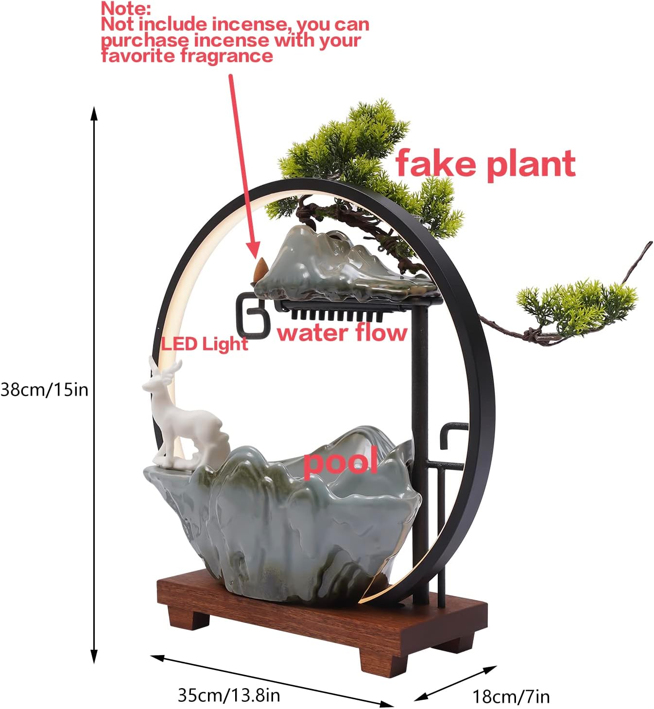 15In Water Fountain Indoor Tabletop Waterfall Humidifier with LED Light and Atomizer