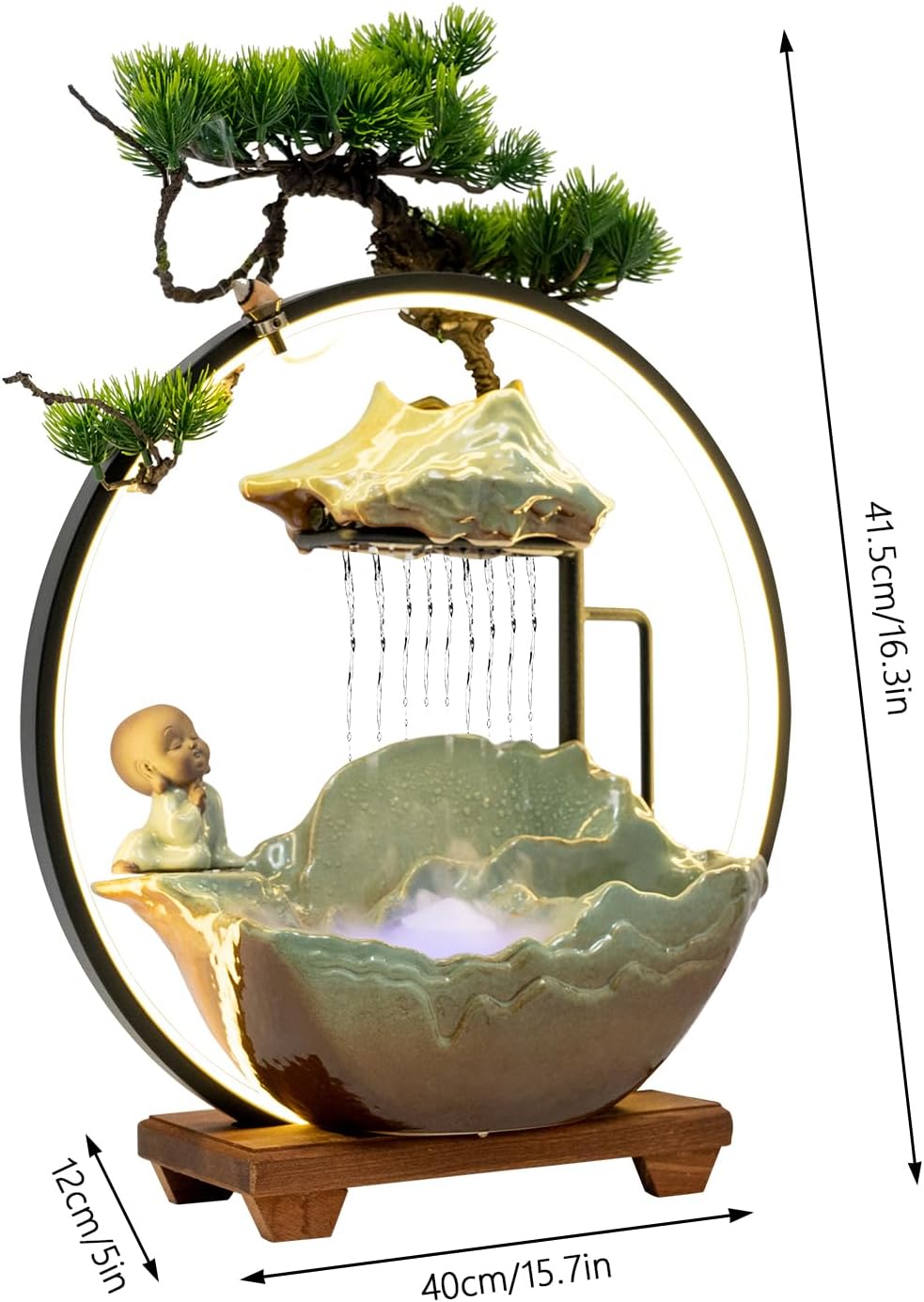 Tabletop Water Fountain with Monk Sculpture and LED Lights