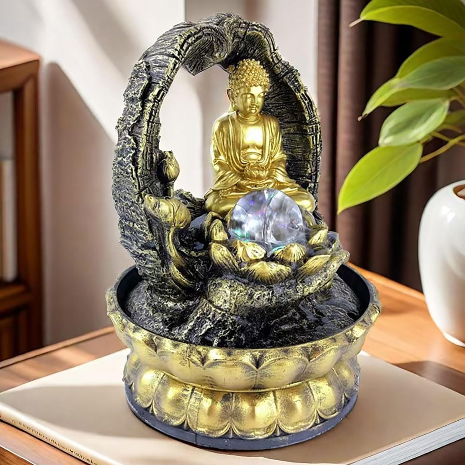 Buddha Fountain with Light 12 Inch Tabletop Indoor Fountain for Living Room and Office