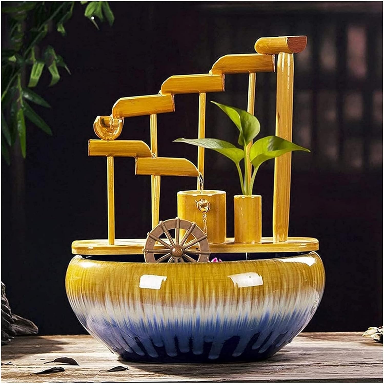 Stacked Wood Fountain with Ceramic Base for Desk