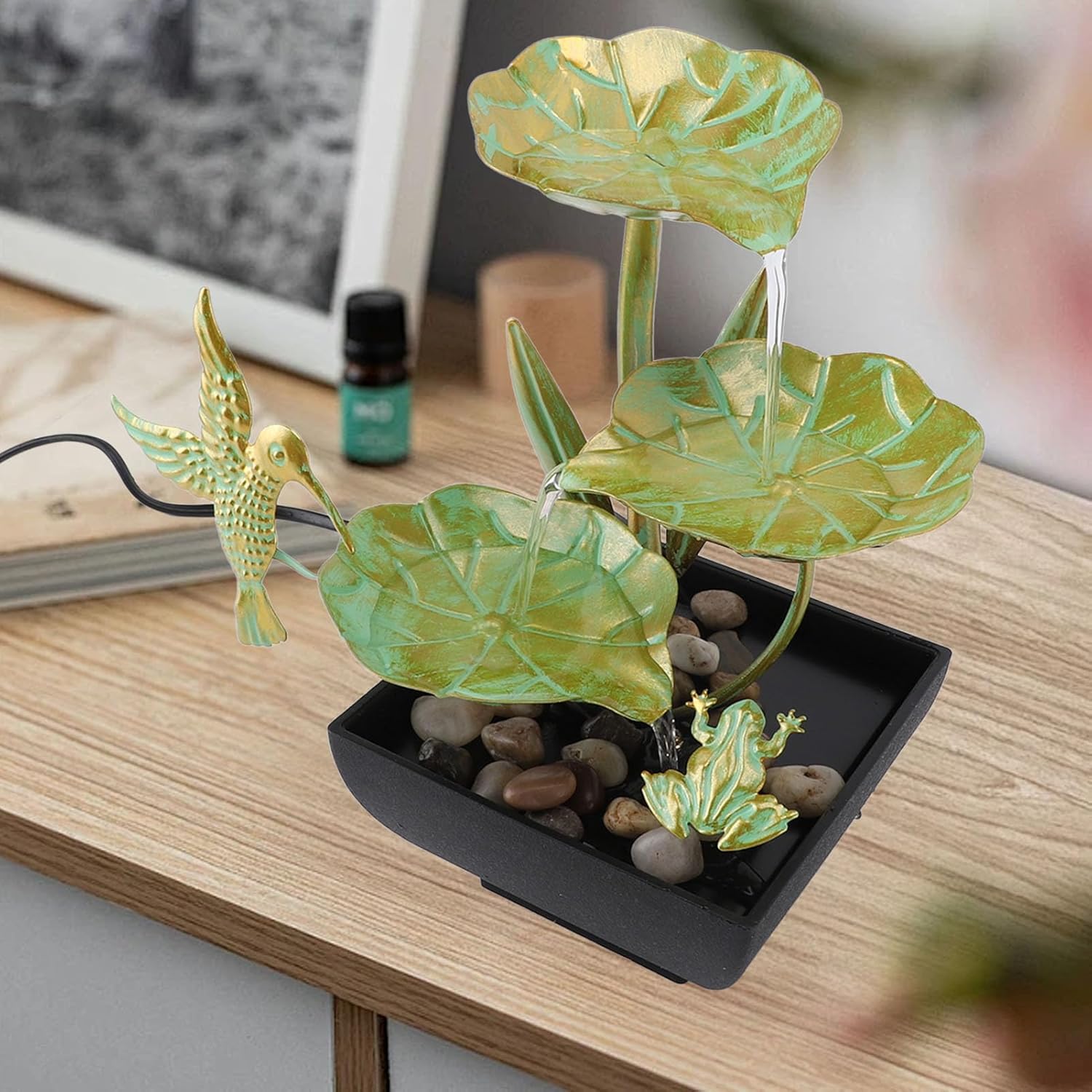 Bird Lotus Waterfall Fountain with LED Lights and Silent Pump