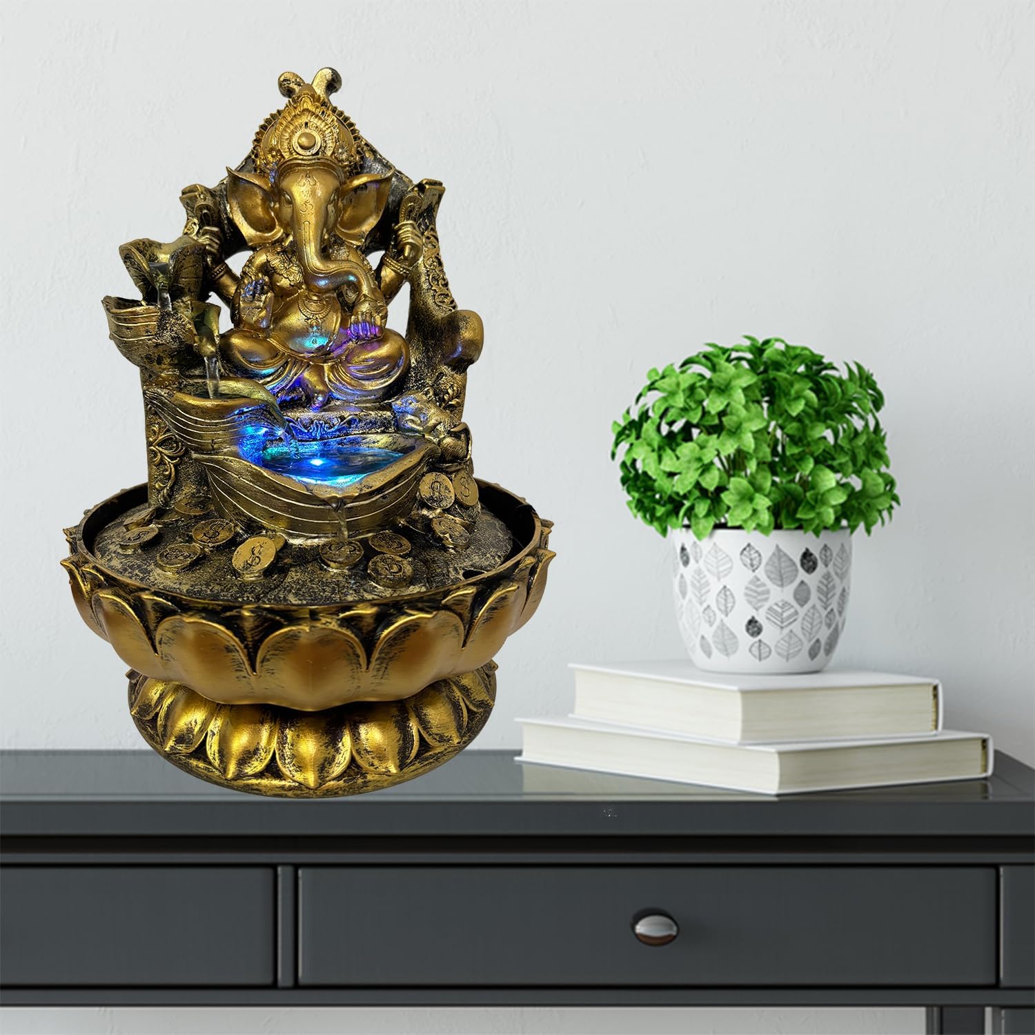 Large Ganesha Statues Indoor Tabletop Fountain with LED Lights and Zen Waterfall