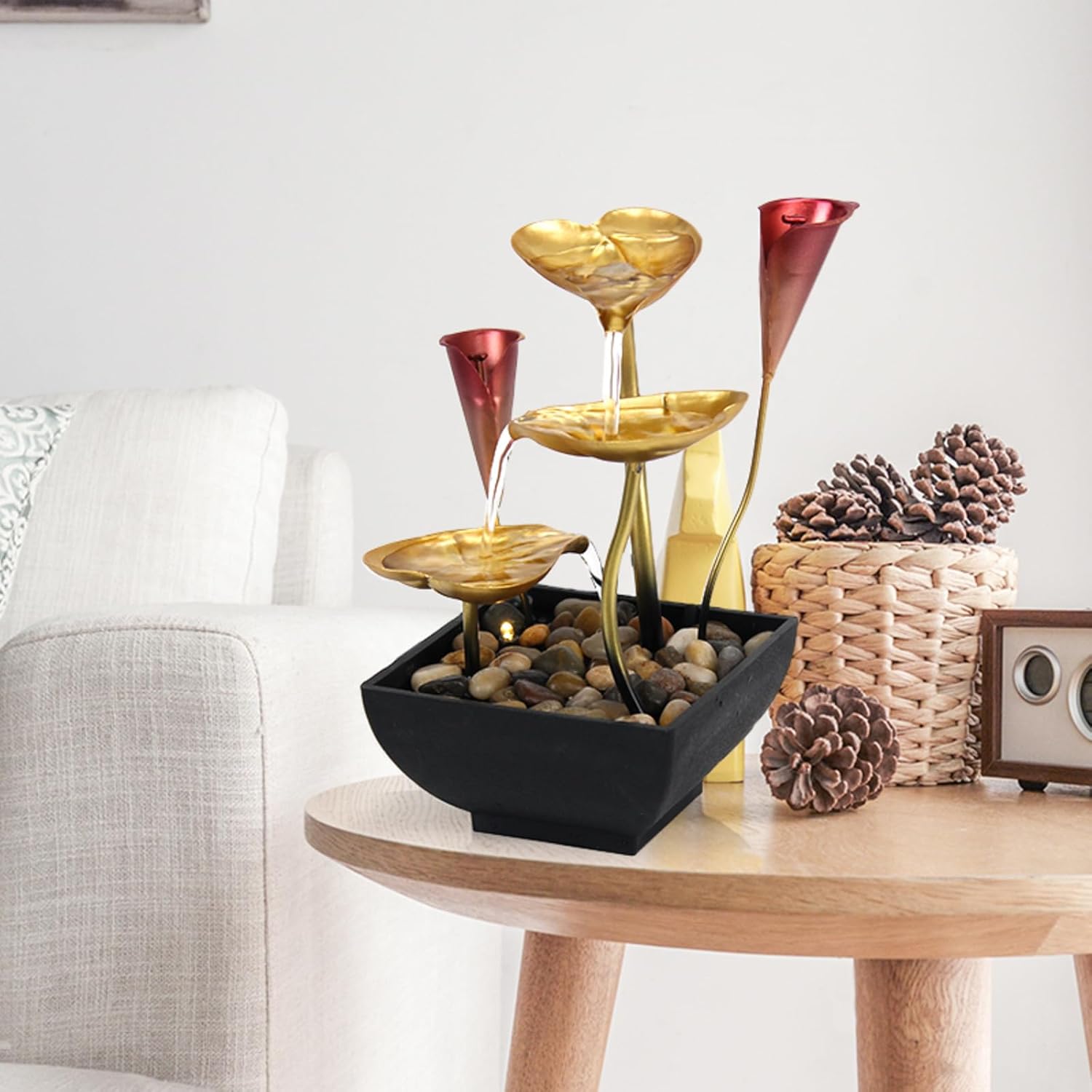 Lotus Leaf Water Fountain with LED Lights and Calla Lily Accents