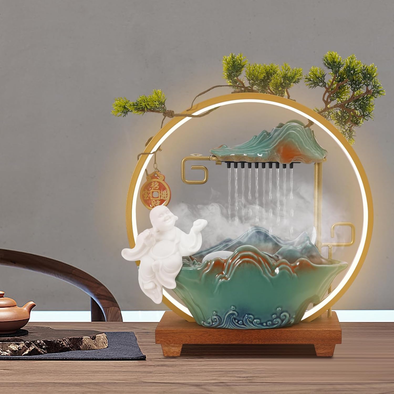 Chinese Style Landscape Deer Tabletop Water Fountain with LED Light and Mist