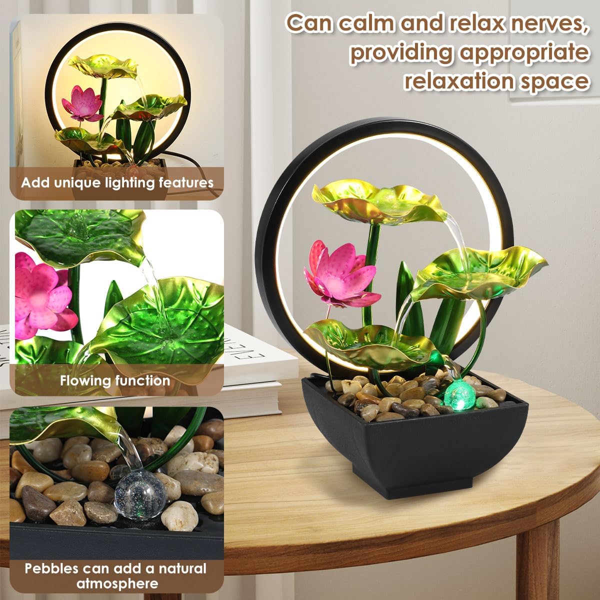 3 Tier Leaf Tabletop Water Fountain with LED Lights for Relaxation
