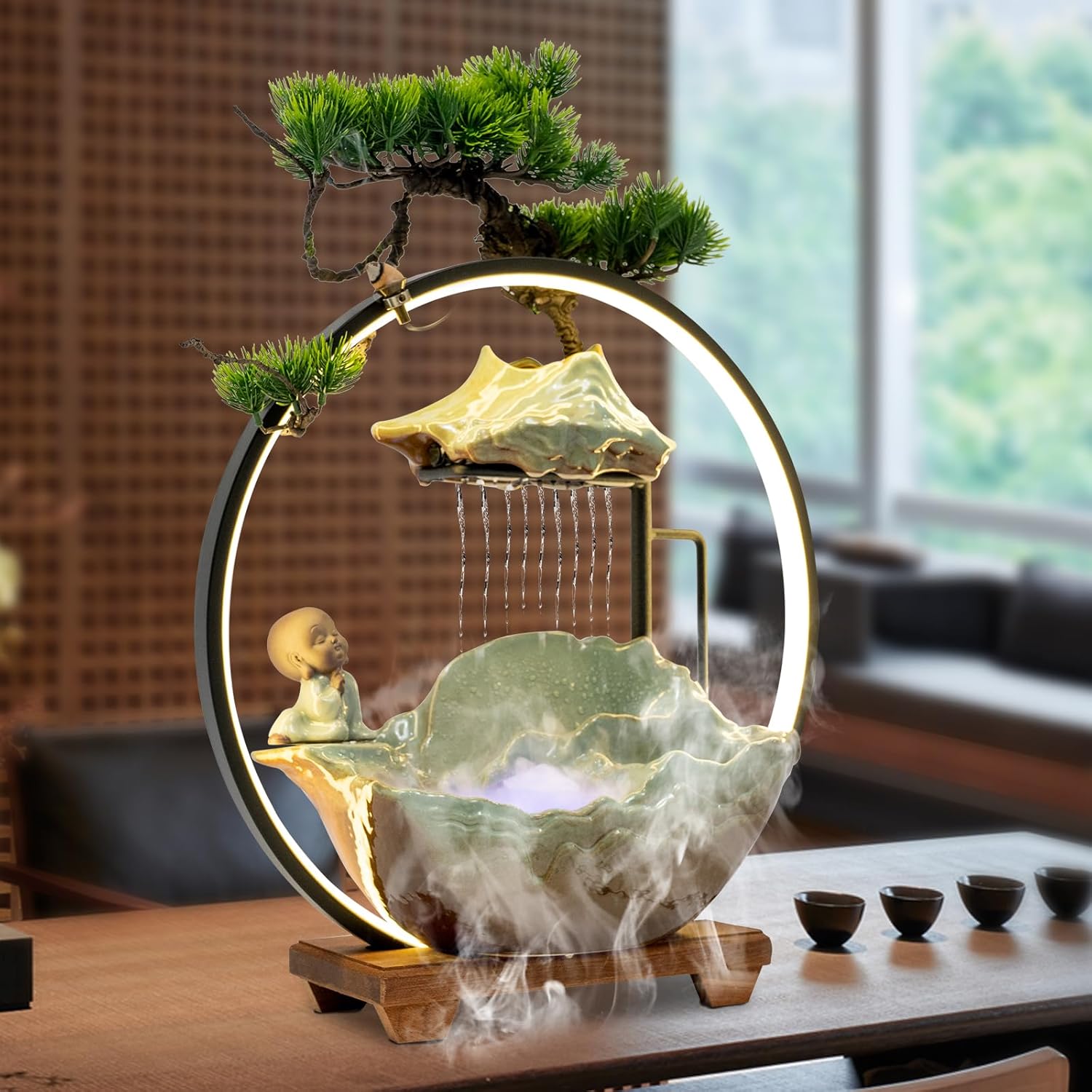 Tabletop Water Fountain with Monk Sculpture and LED Lights