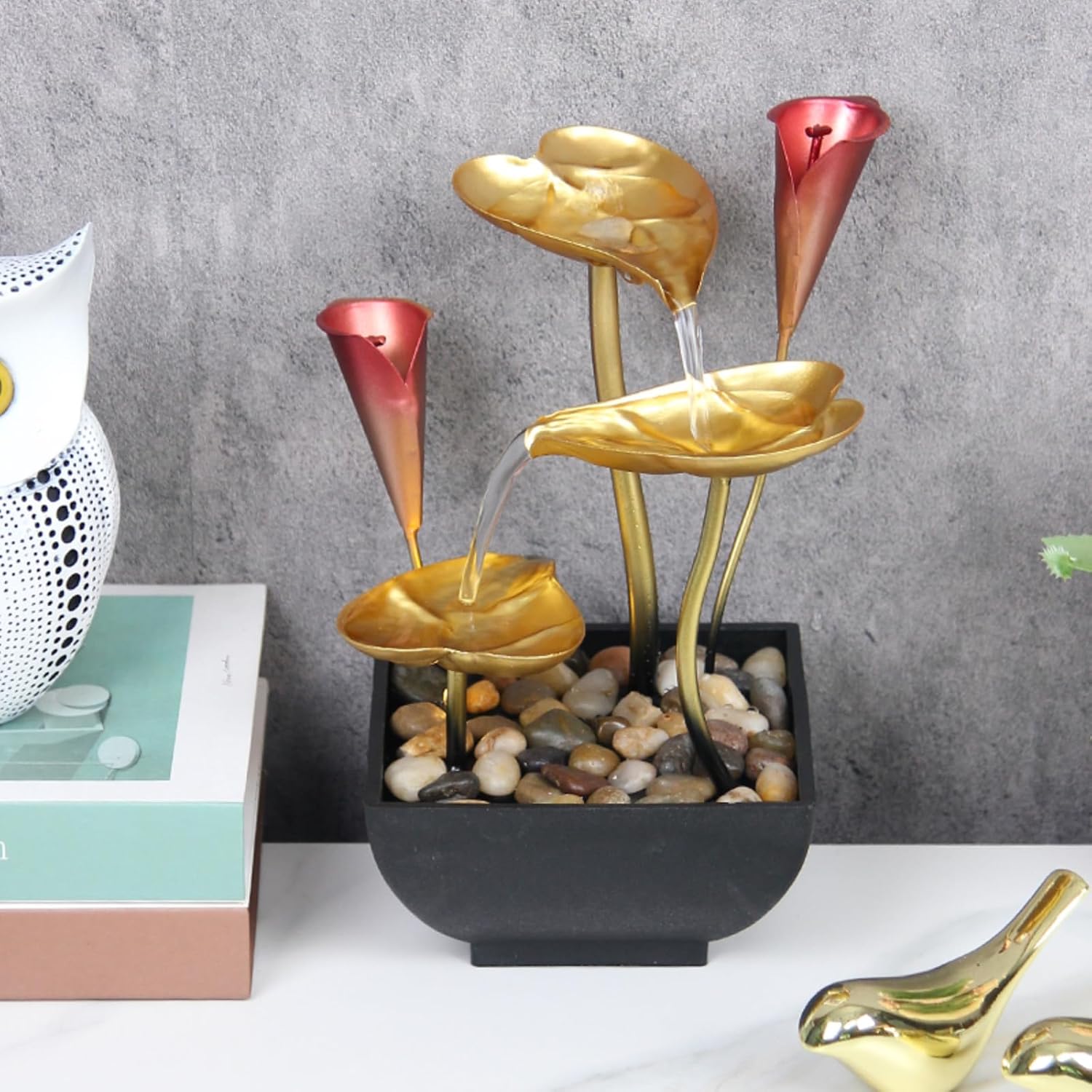 Lotus Leaf Water Fountain with LED Lights and Calla Lily Accents