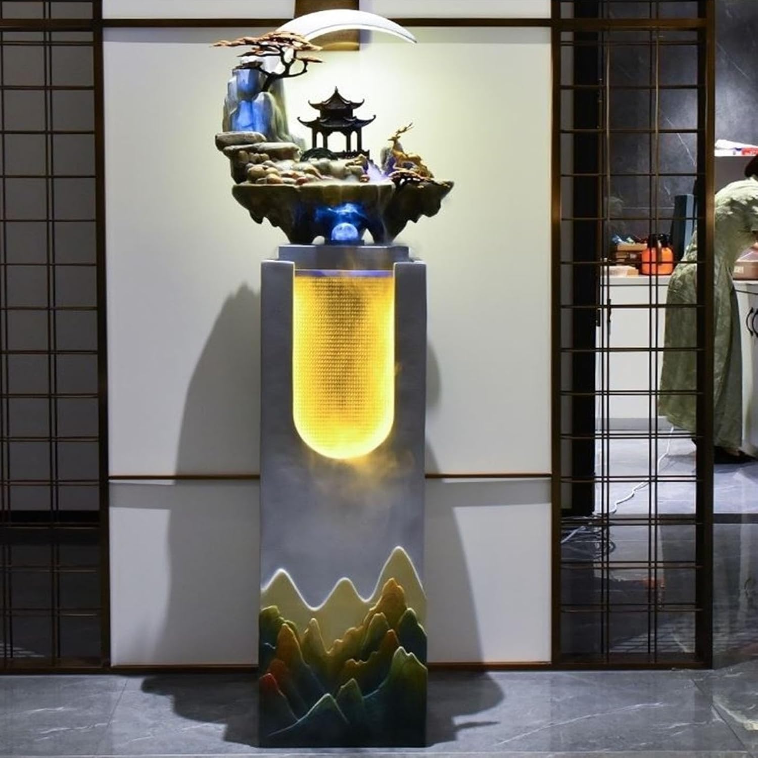 Yellow Outdoor Garden Water Fountain with LED Lights and Artificial Rockery