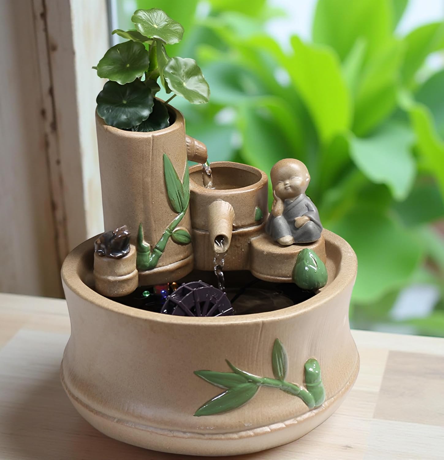 866 Inch Bamboo Tabletop Fountain with 3 Tier Waterfall and Frog Ornament