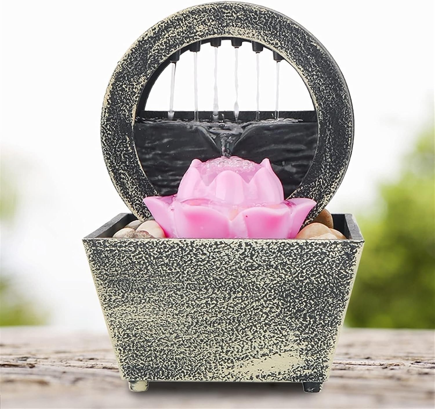 Gray Tabletop Fountain with Flowing Waterfall for Feng Shui and Home Decor