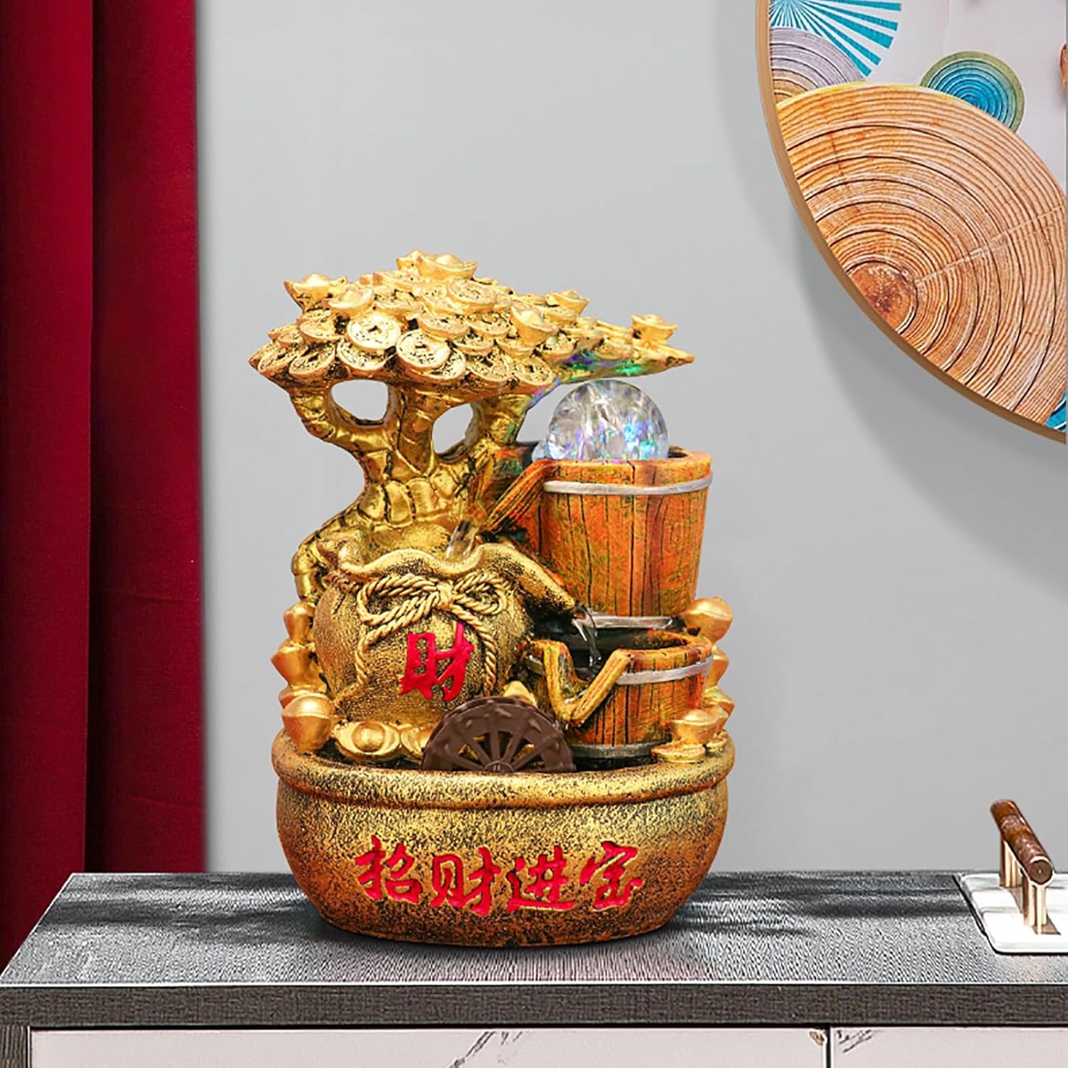 Feng Shui Water Fountain Decor with Money Tree and Light