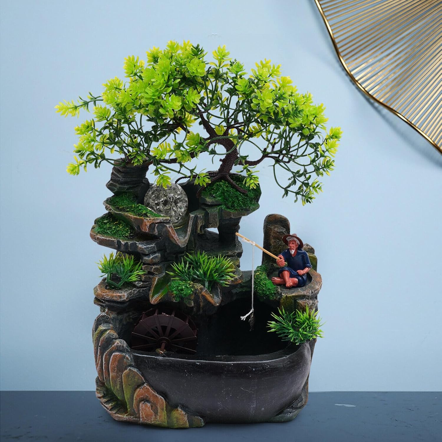 Tabletop Fountain with LED Light and Plants for Home Office and Bedroom