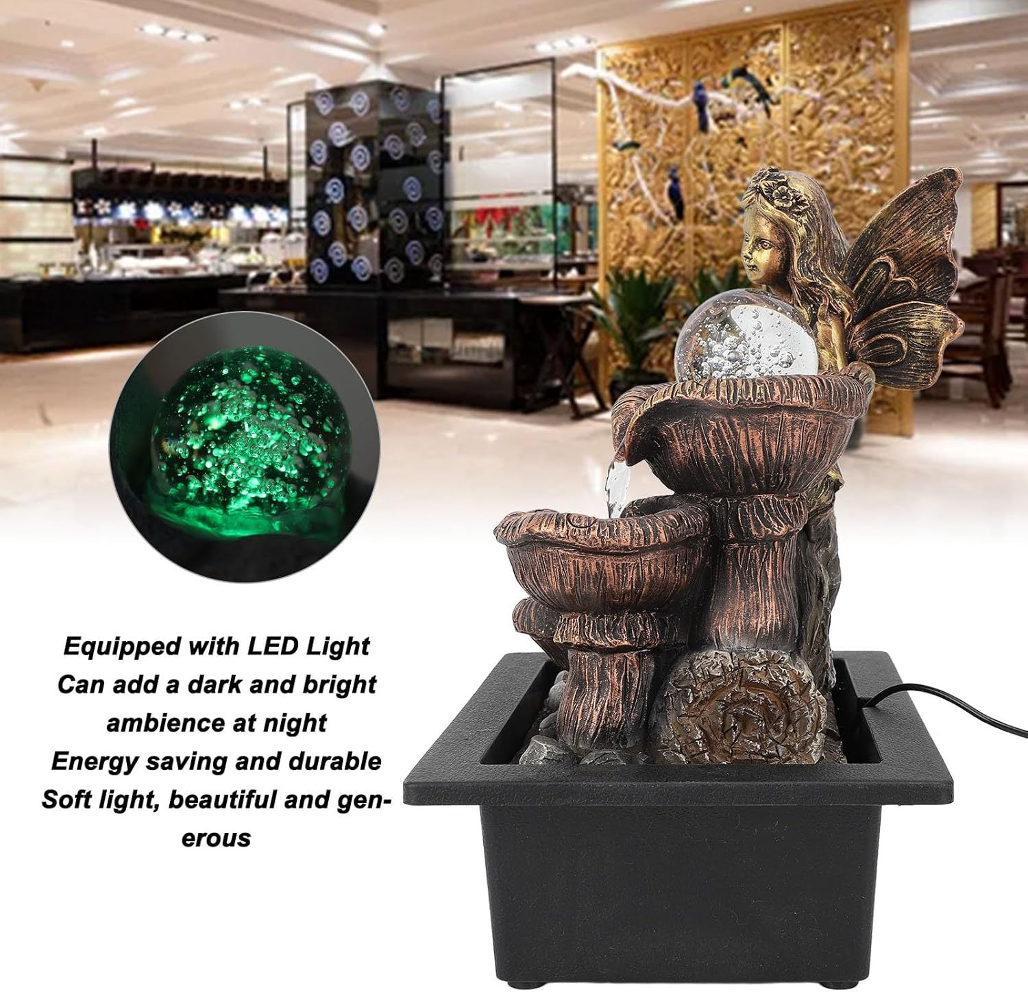 Gsycle Tabletop Fountain with LED Light and USB Pump for Home Office Decor