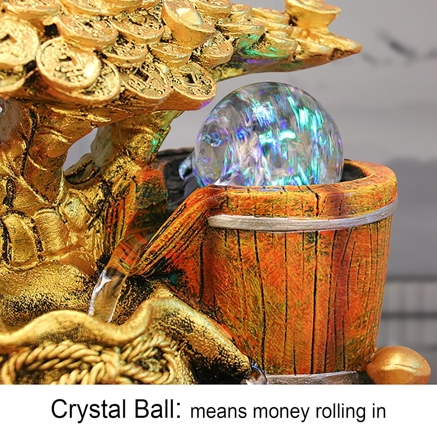 Feng Shui Water Fountain Decor with Money Tree and Light